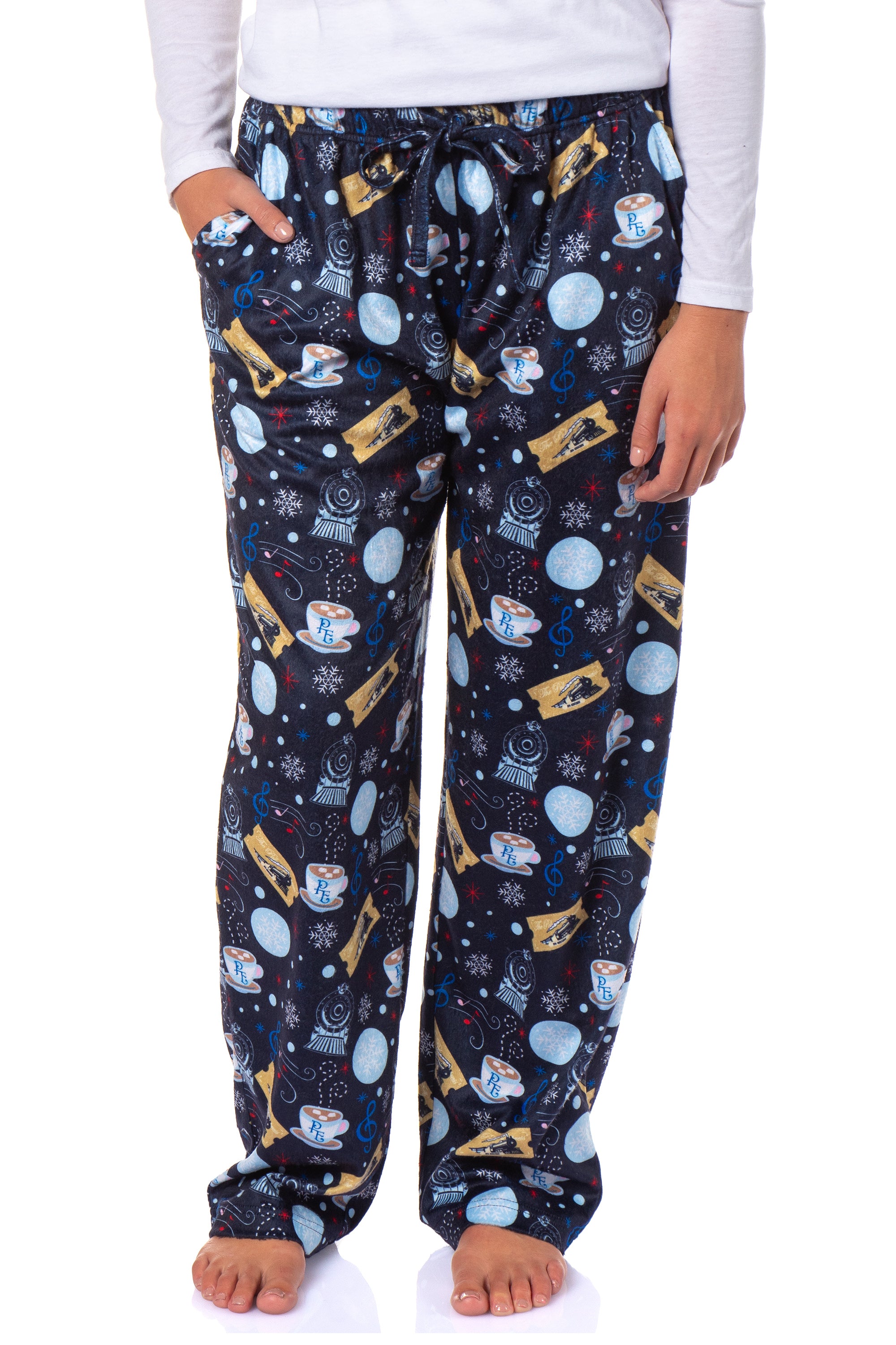 The Polar Express Women's Train Hot Cocoa Tossed Print Sleep Pajama Pants For Adults