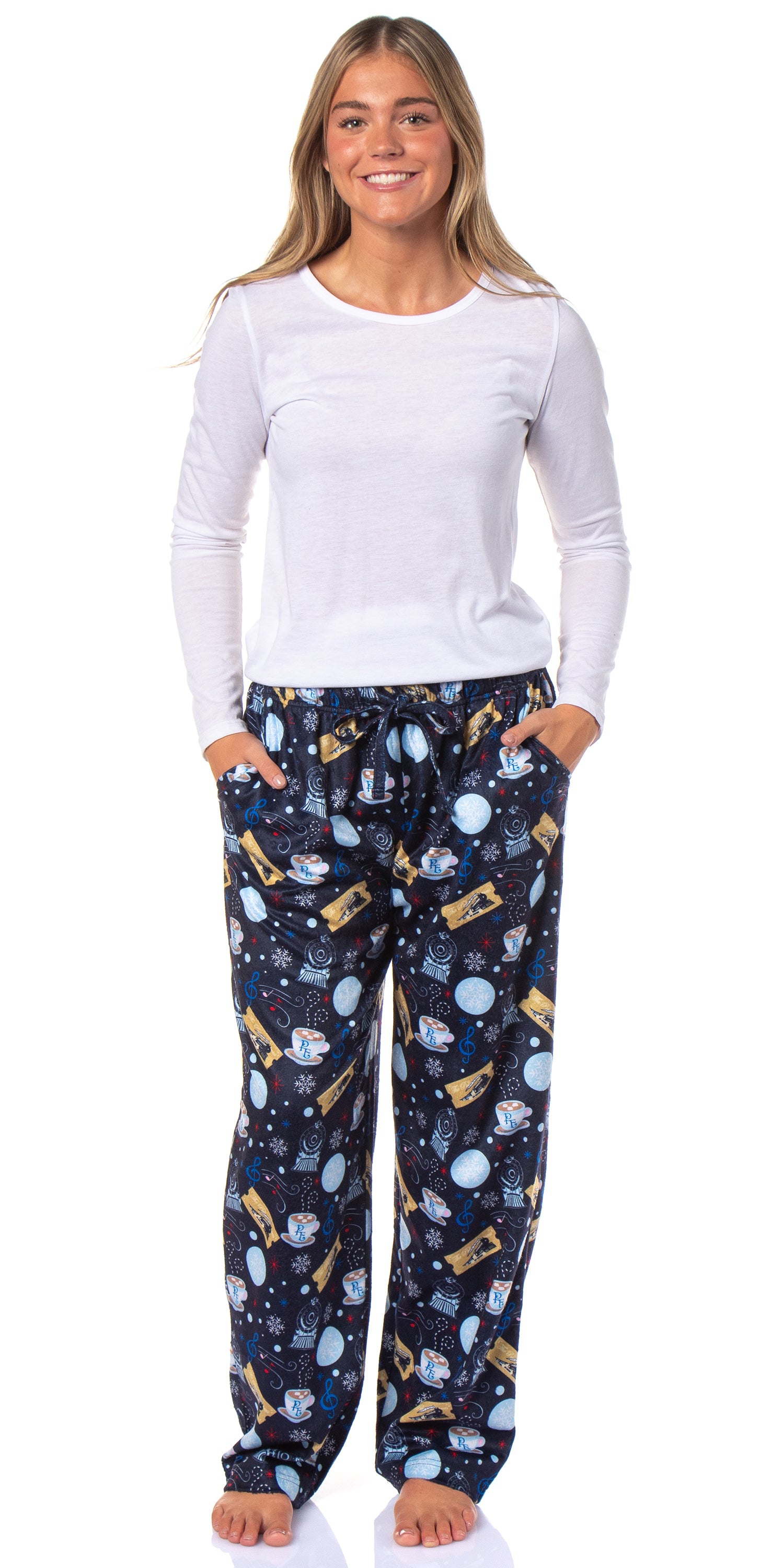 The Polar Express Women's Train Hot Cocoa Tossed Print Sleep Pajama Pants For Adults