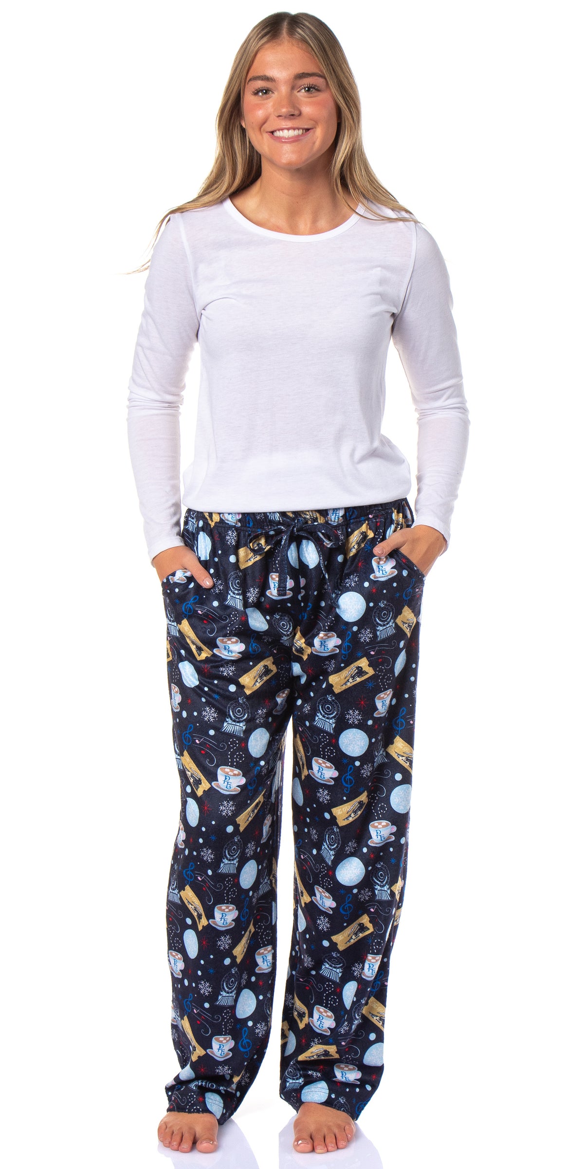 The Polar Express Women's Train Hot Cocoa Tossed Print Sleep Pajama Pants For Adults
