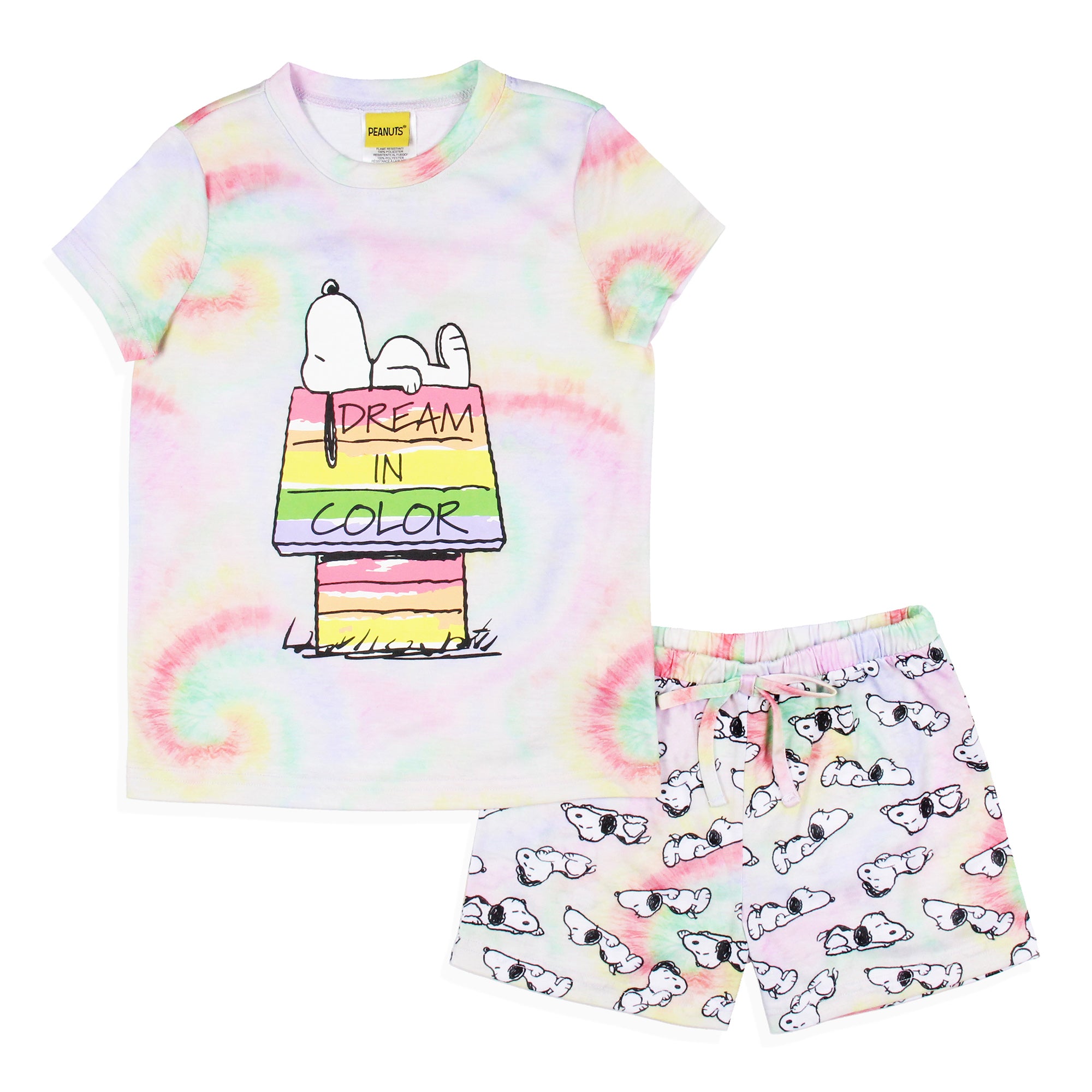 Peanuts Girls' Snoopy Dream In Color Tie-Dye Character Pajama Set Shorts
