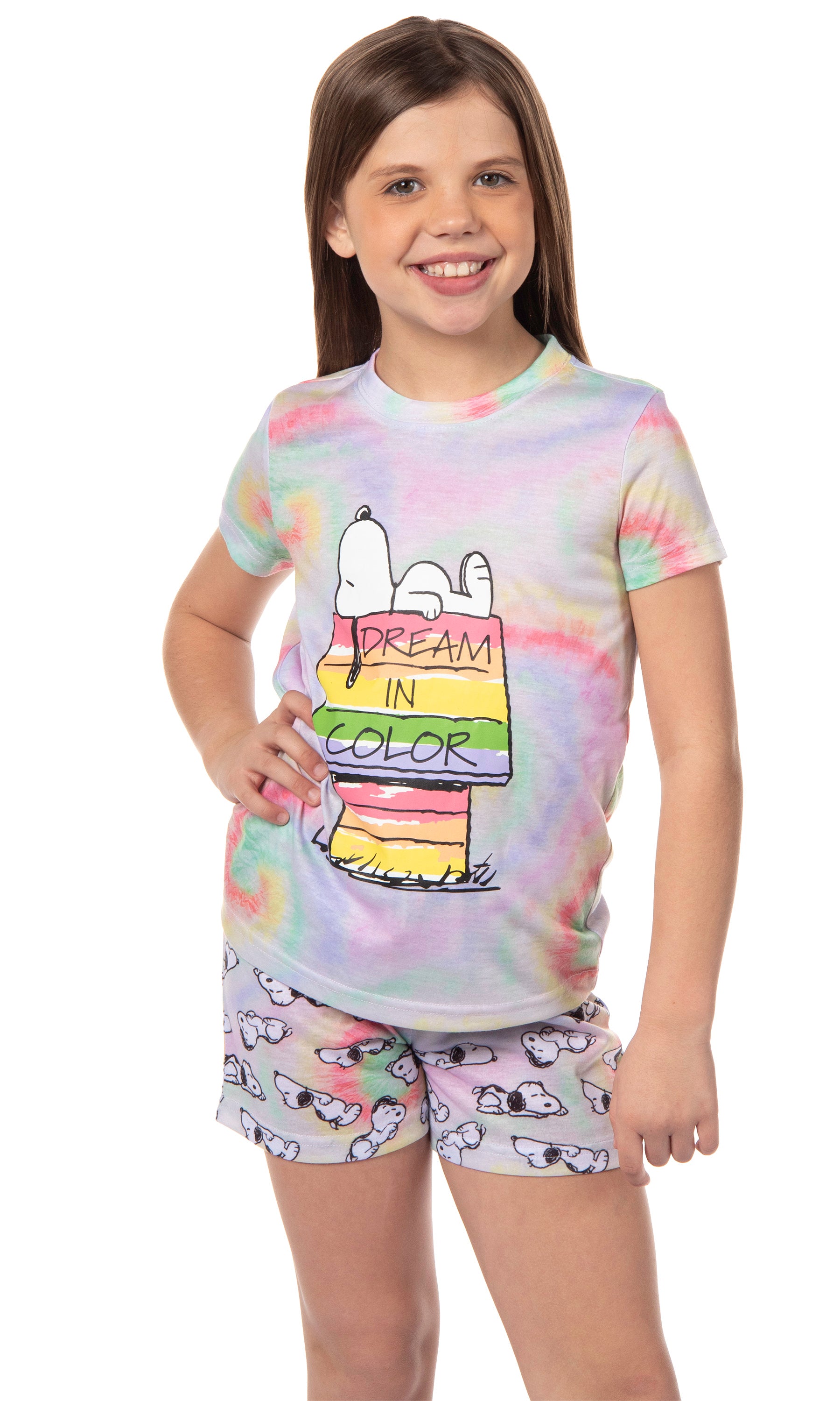Peanuts Girls' Snoopy Dream In Color Tie-Dye Character Pajama Set Shorts
