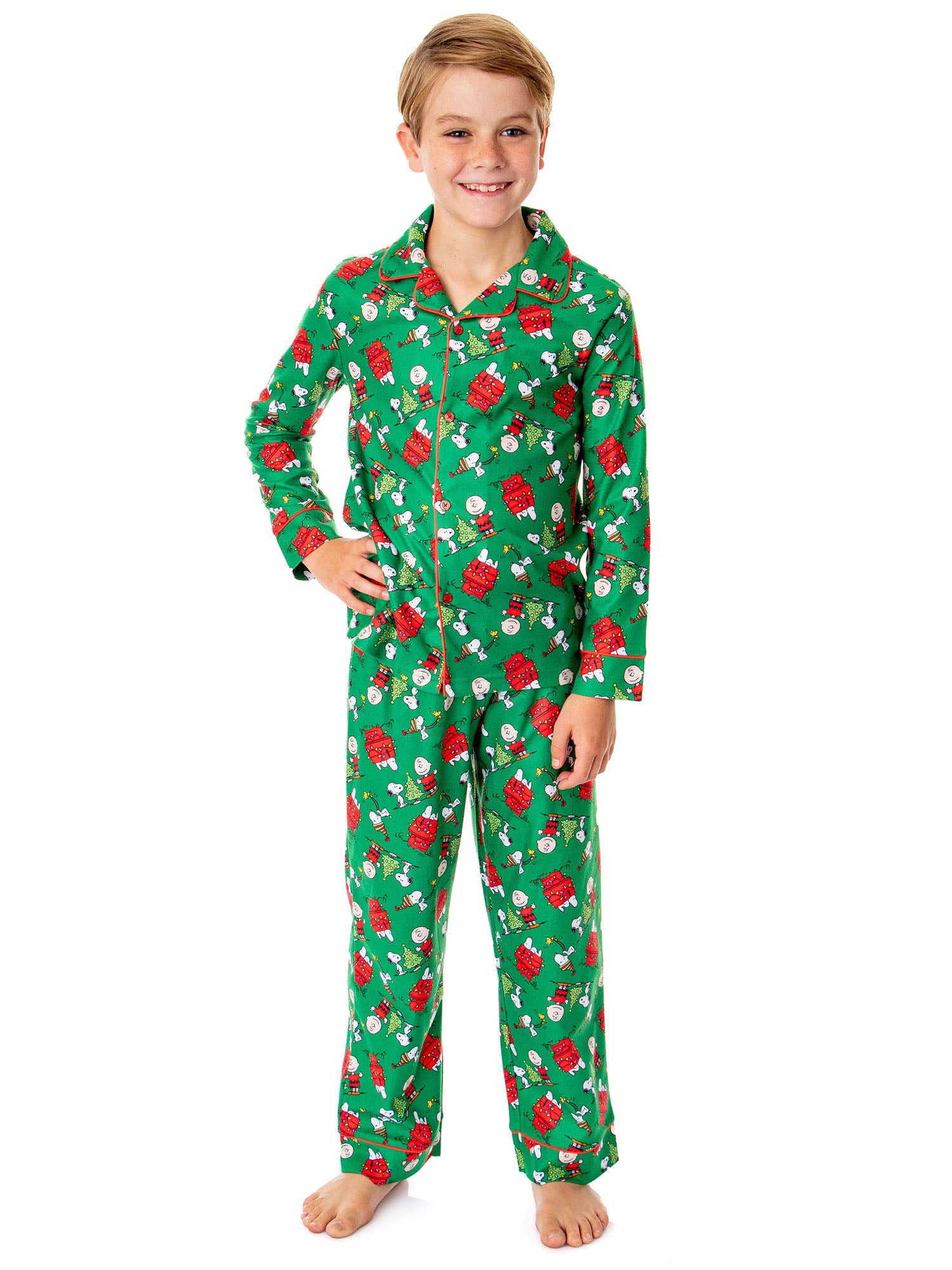 Peanuts Boys' Christmas Snoopy Charlie Brown Button Down Sleep Pajama Set