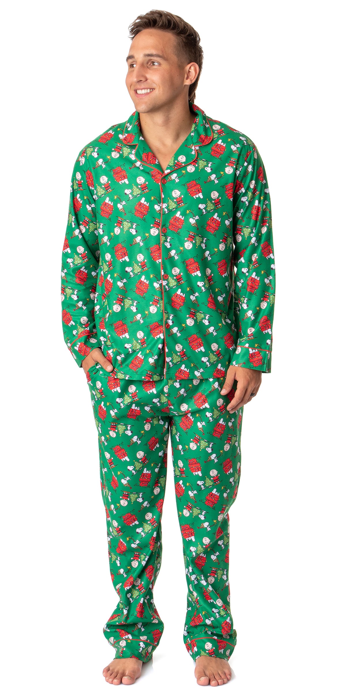 Peanuts Mens' Christmas Snoopy Charlie Brown Button Sleep Pajama Set