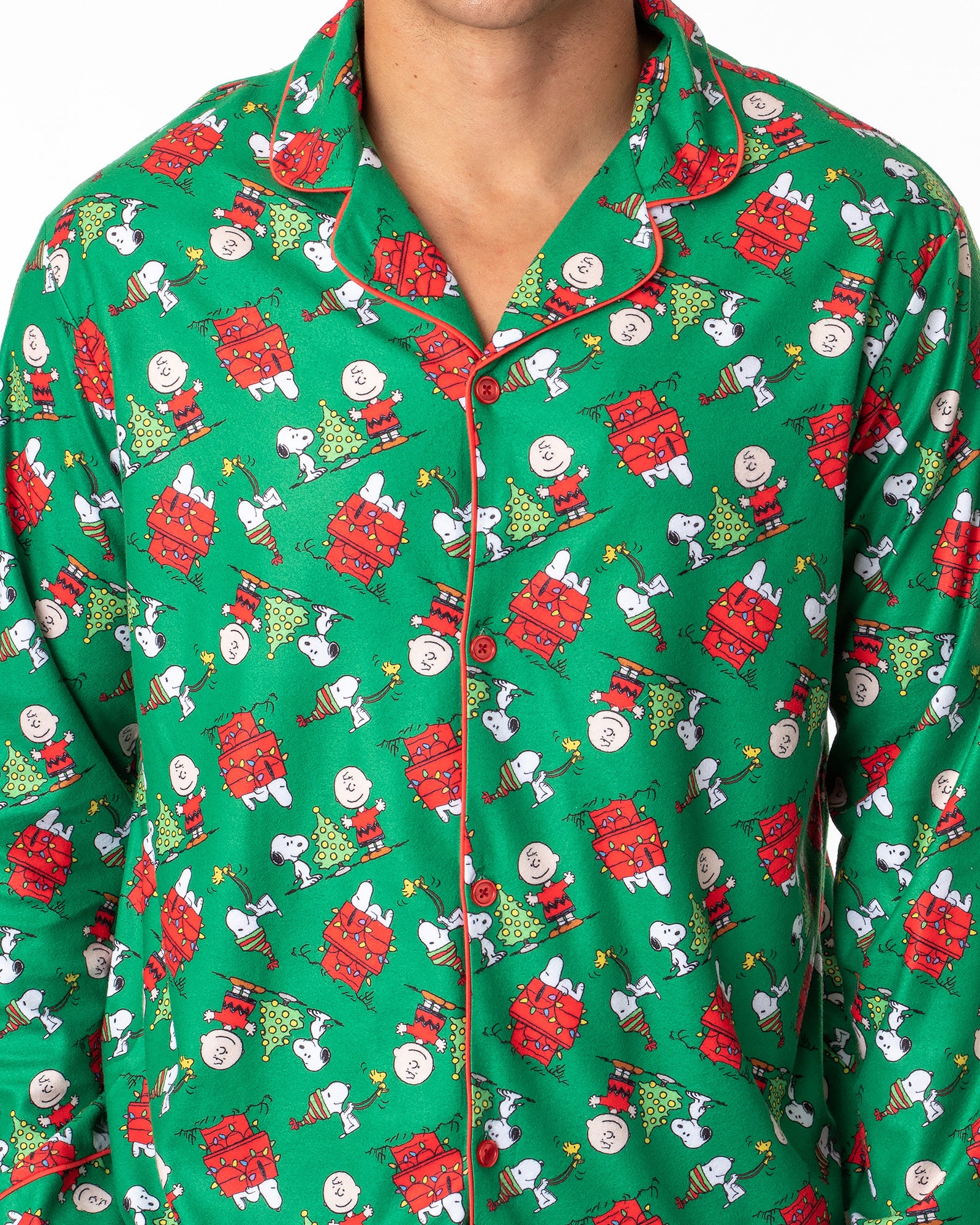 Peanuts Mens' Christmas Snoopy Charlie Brown Button Sleep Pajama Set