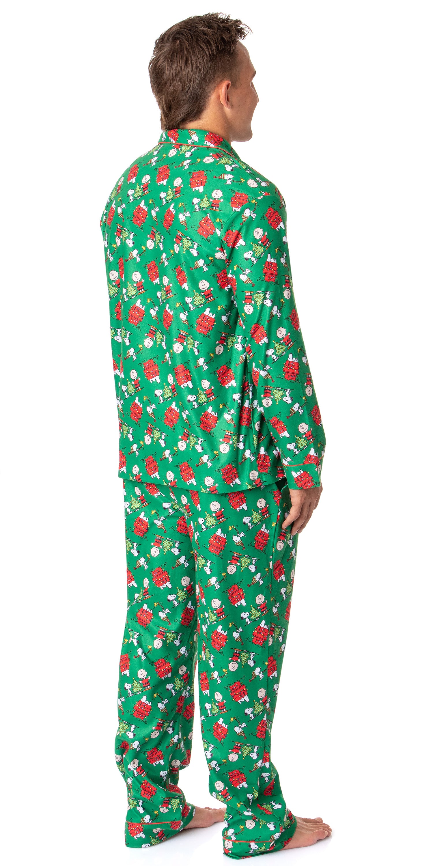 Peanuts Mens' Christmas Snoopy Charlie Brown Button Sleep Pajama Set