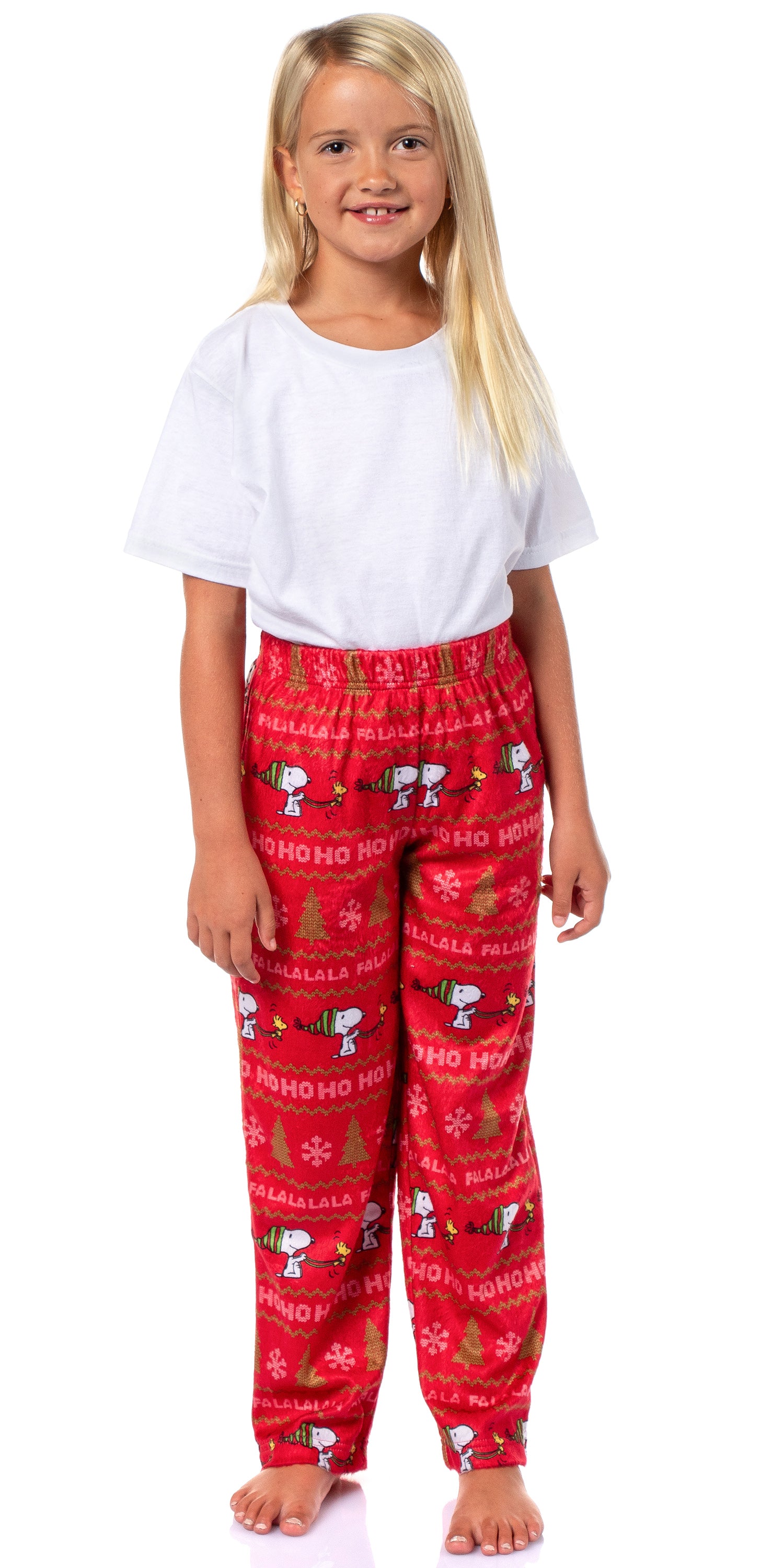 Peanuts Snoopy Girl's Christmas Sweater Sleep Tossed Print Pajama Pants For Kids