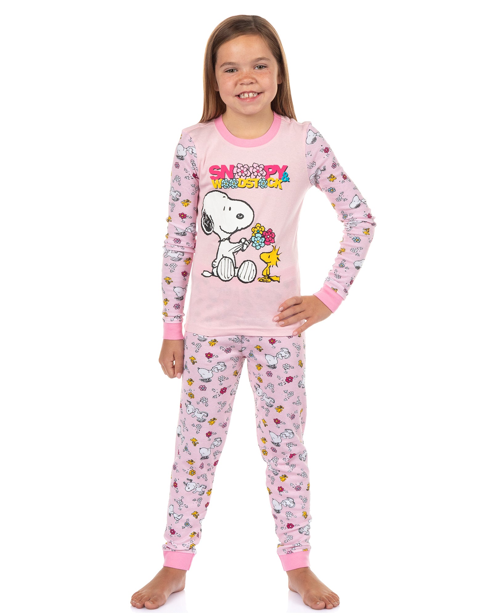 Peanuts Snoopy and Woodstock Girls' Pajamas Tight Fit Sleep Set