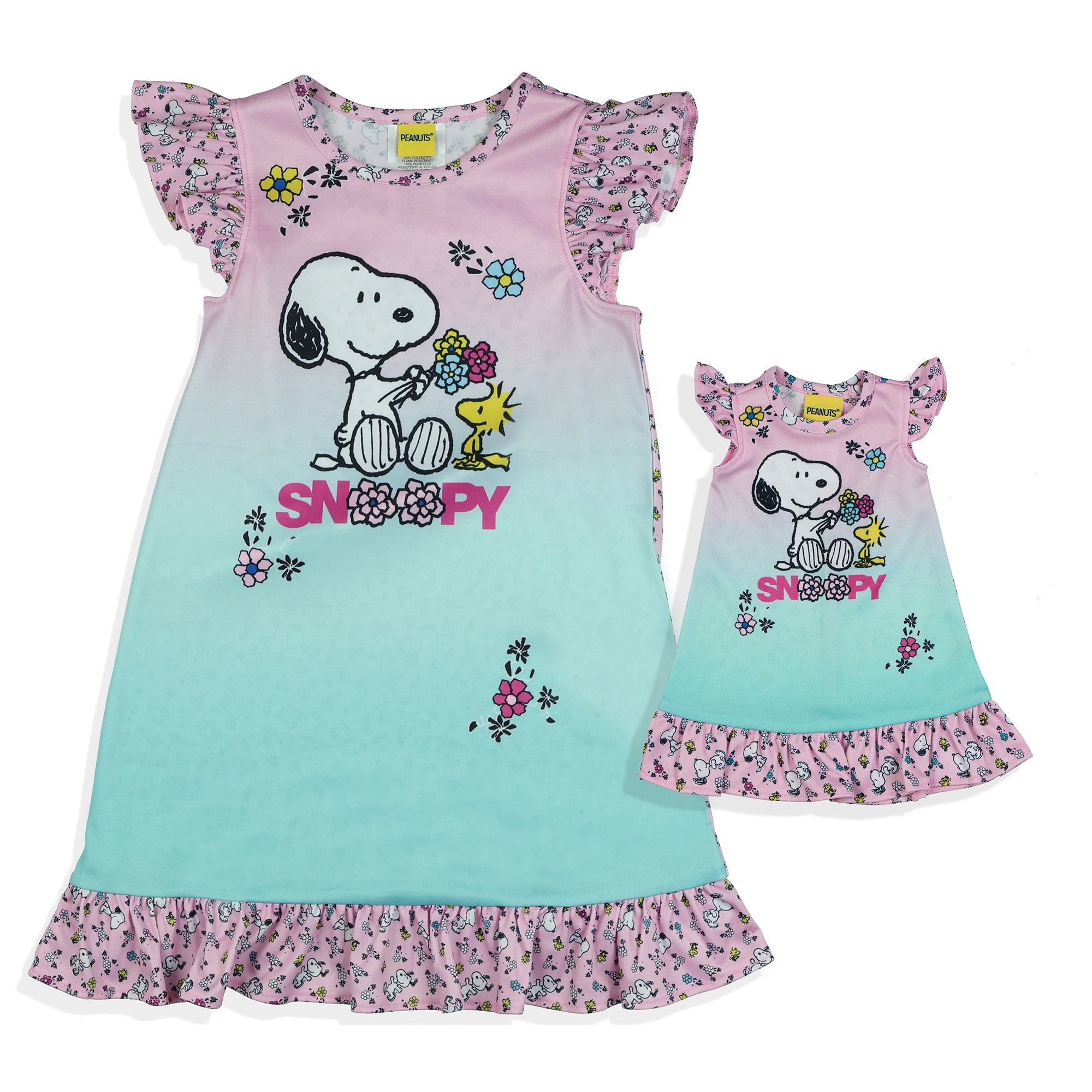 Peanuts Nightgown Toddler Girls Snoopy and Woodstock Pajamas with Doll Gown (3T)