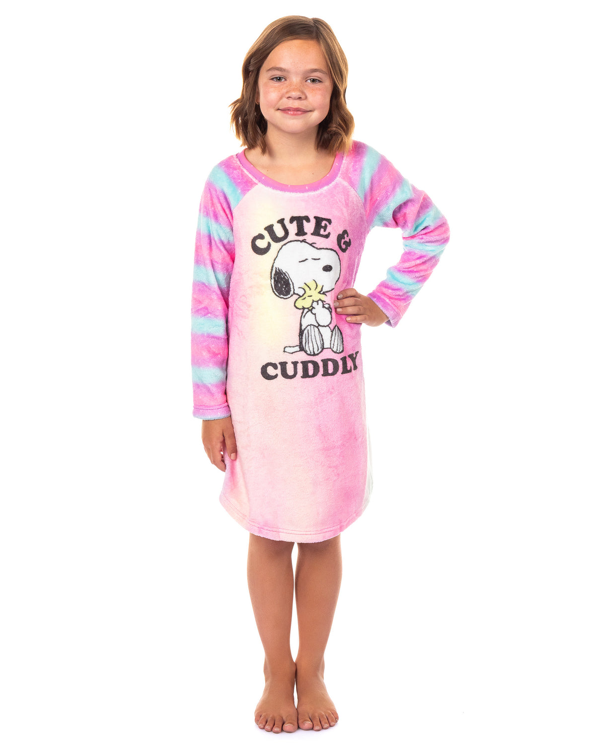 Peanuts Pajama Girl's Snoopy Cute And Cuddly Long Sleeve Fleece Nightgown
