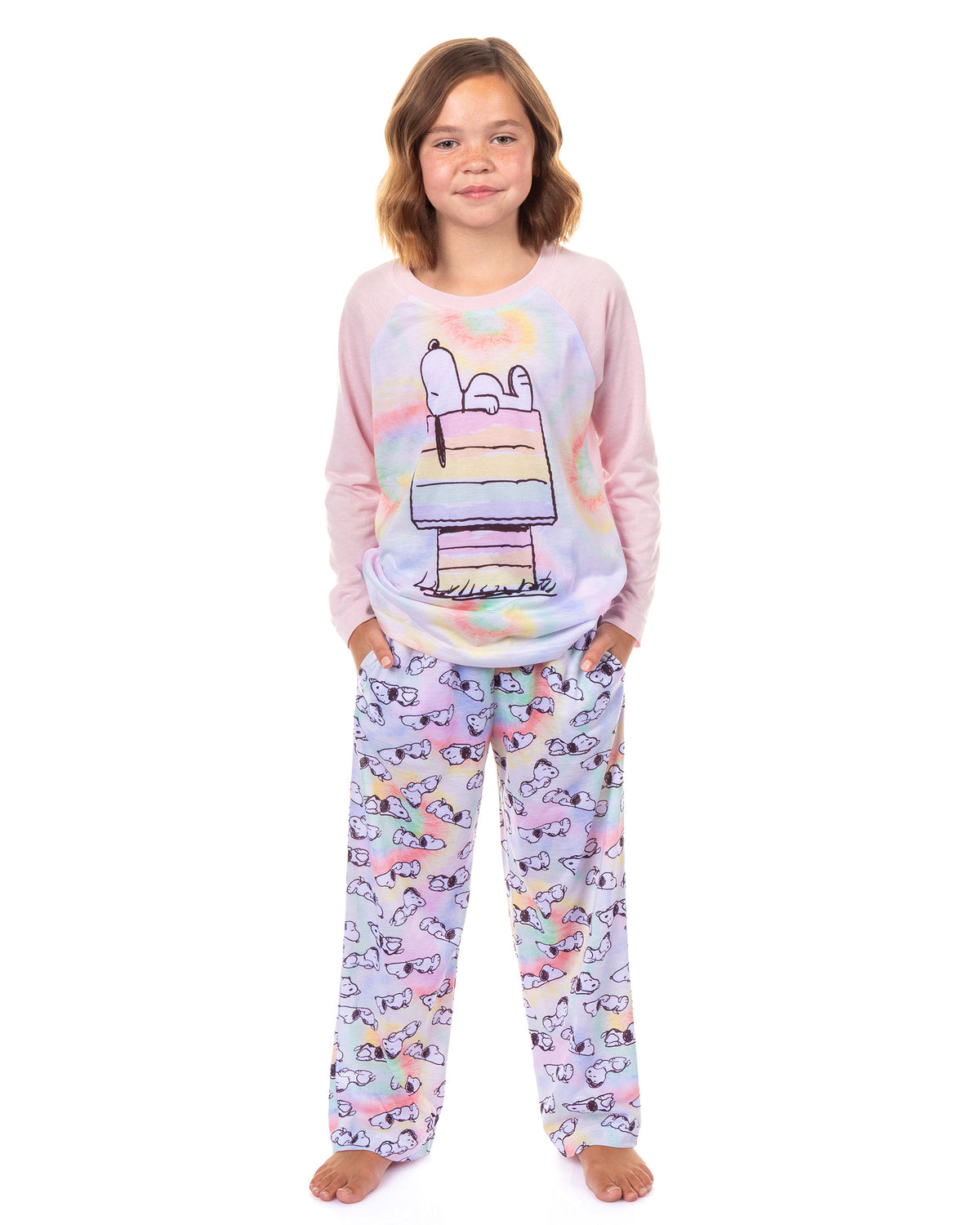 Peanuts Pajamas Girl's Snoopy Pastel Tie-Dye Long Sleeve Sleep Set