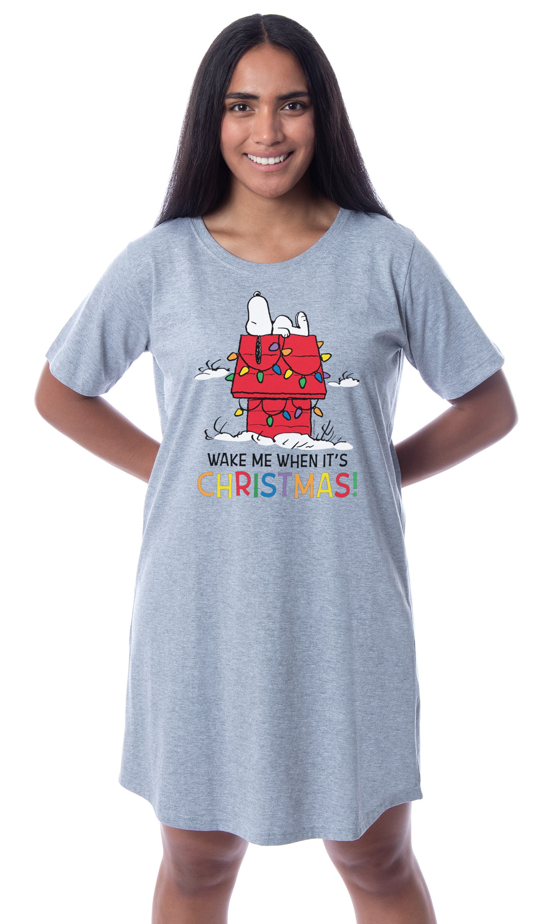 Peanuts Womens' Snoopy Wake Me When It's Christmas Doghouse Lights Nightgown Sleep Pajama Shirt