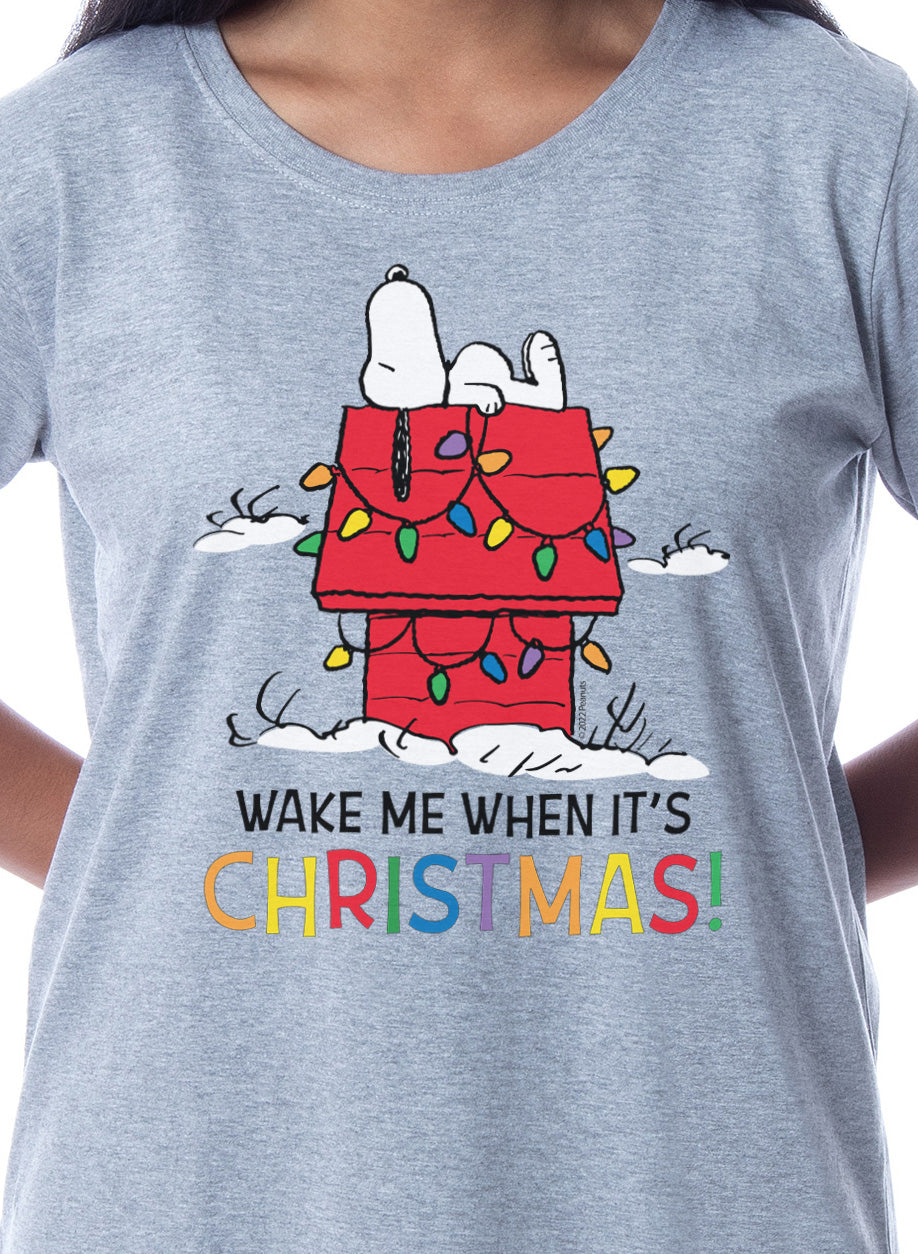 Peanuts Womens' Snoopy Wake Me When It's Christmas Doghouse Lights Nightgown Sleep Pajama Shirt