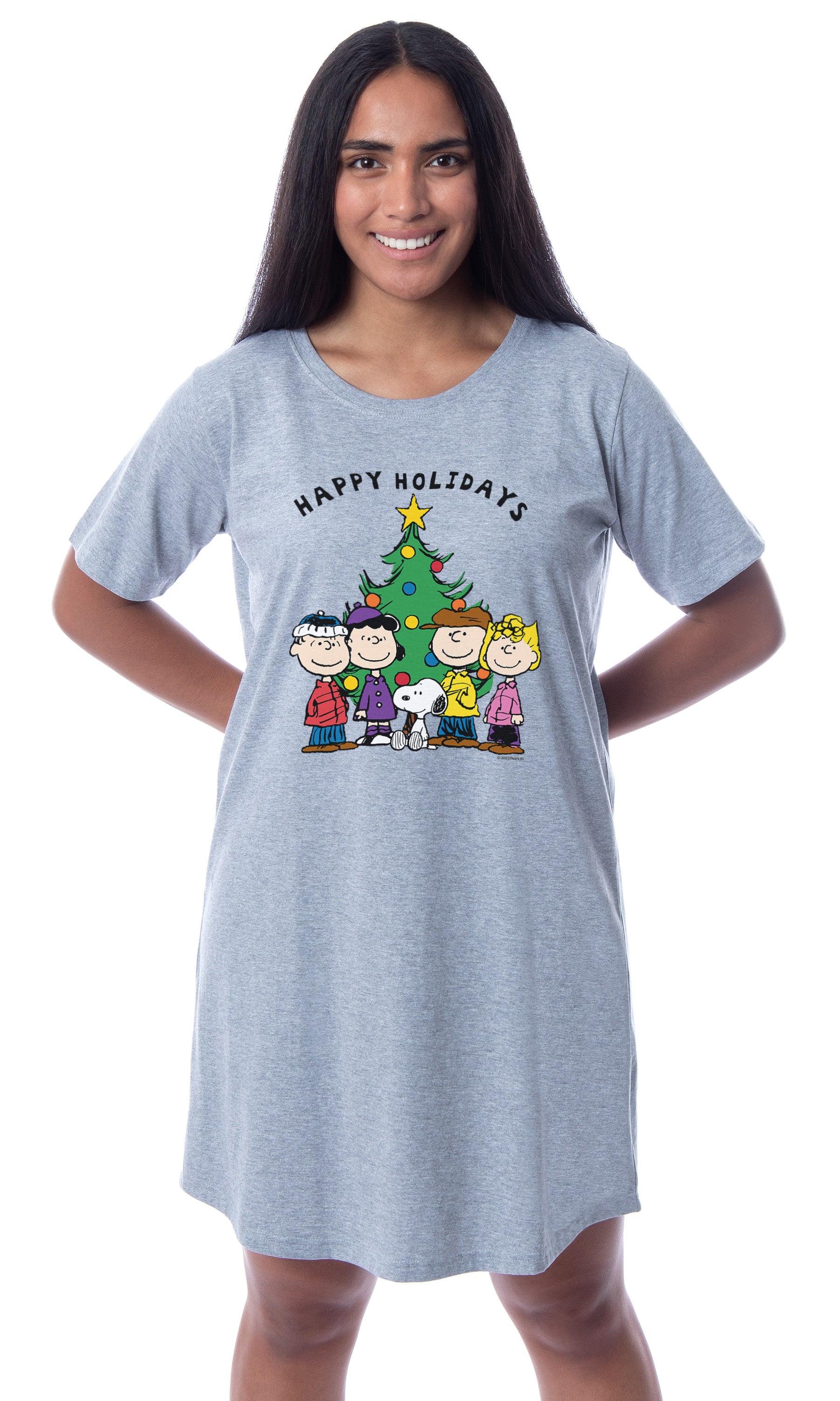 Peanuts Women's Happy Holidays Character Charlie Brown Snoopy Lucy Linus Sally Christmas Nightgown Pajama Shirt
