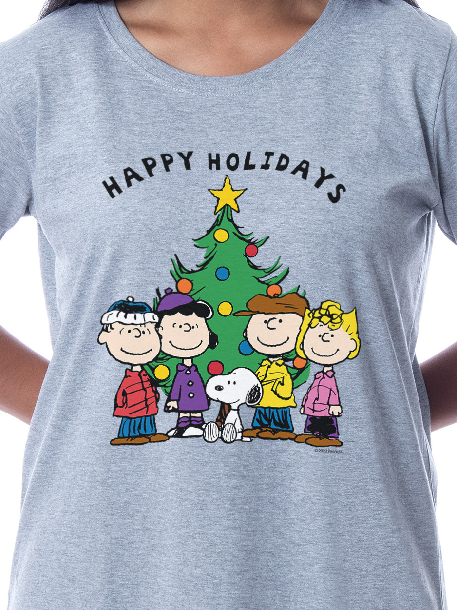 Peanuts Women's Happy Holidays Character Charlie Brown Snoopy Lucy Linus Sally Christmas Nightgown Pajama Shirt