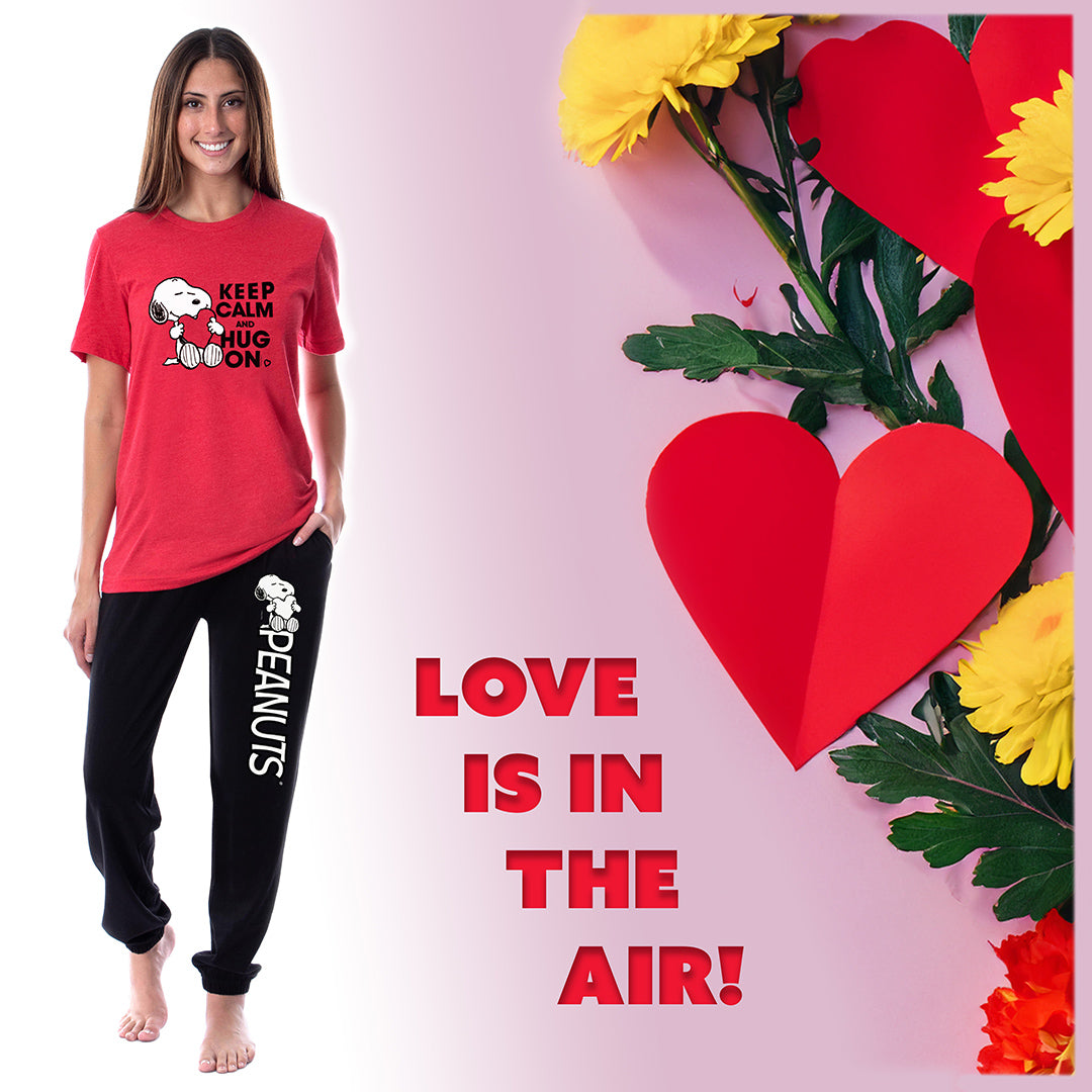 Peanuts Womens' Snoopy Keep Calm And Hug On Valentines Sleep Jogger Pajama Set