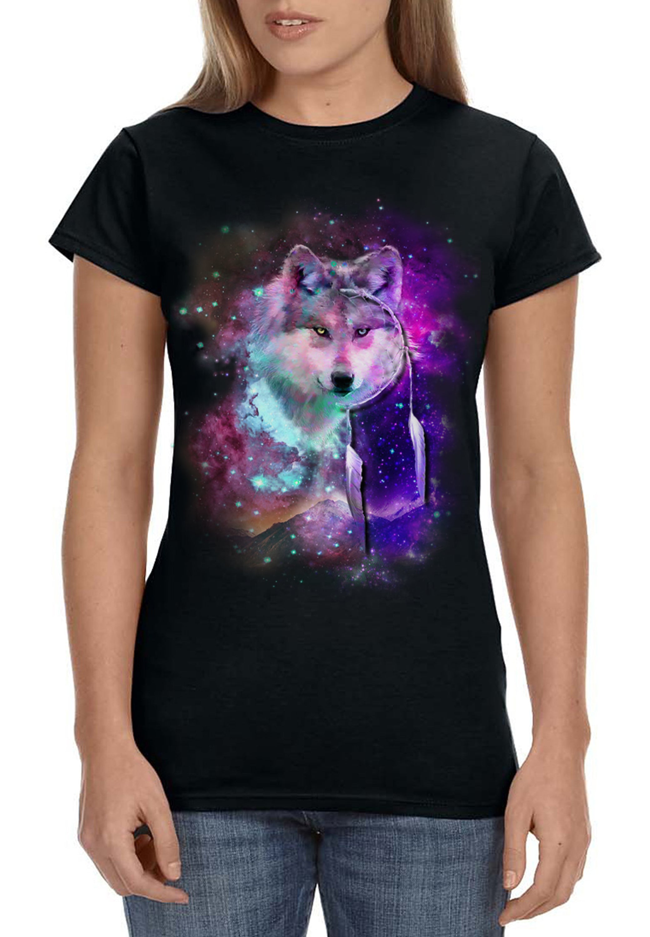 Dreamcatcher Wolf Space Fantasy Womens Shirt Black Galaxy Universe Tee