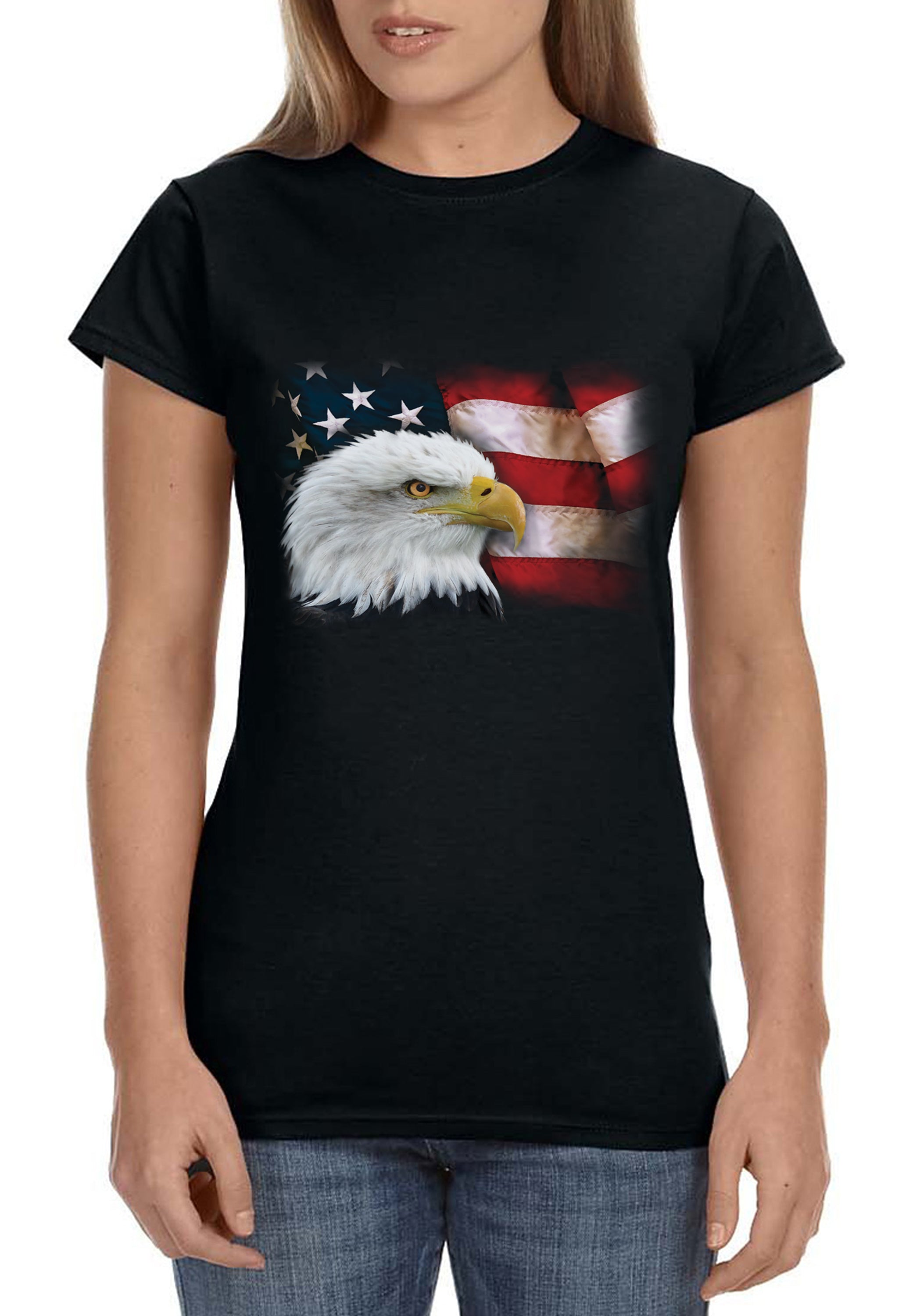 Patriotic American Flag Shirt Womens American Bald Eagle Black Tee Large