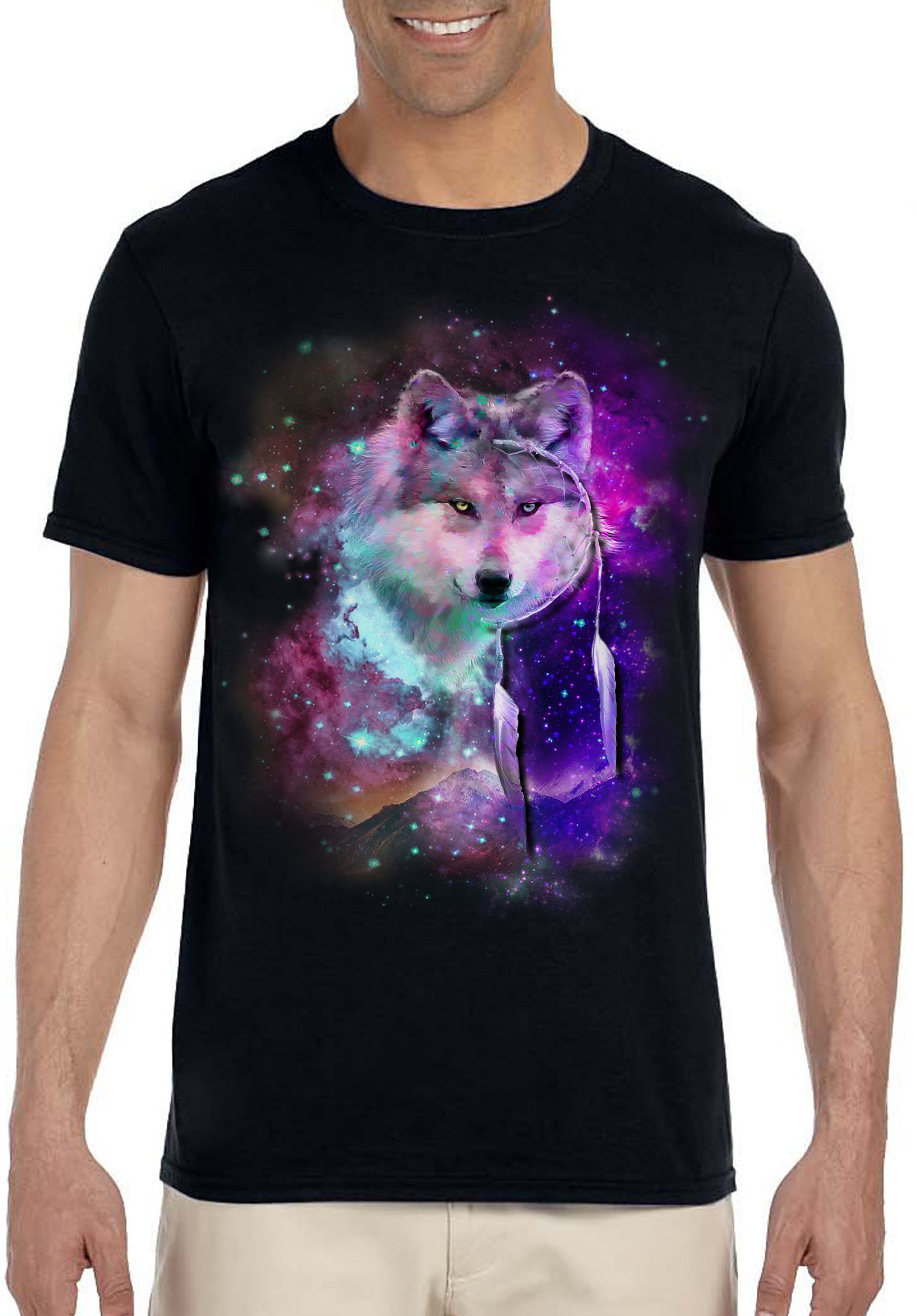 Dreamcatcher Wolf Space Fantasy Mens Shirt Black Galaxy Universe Tee