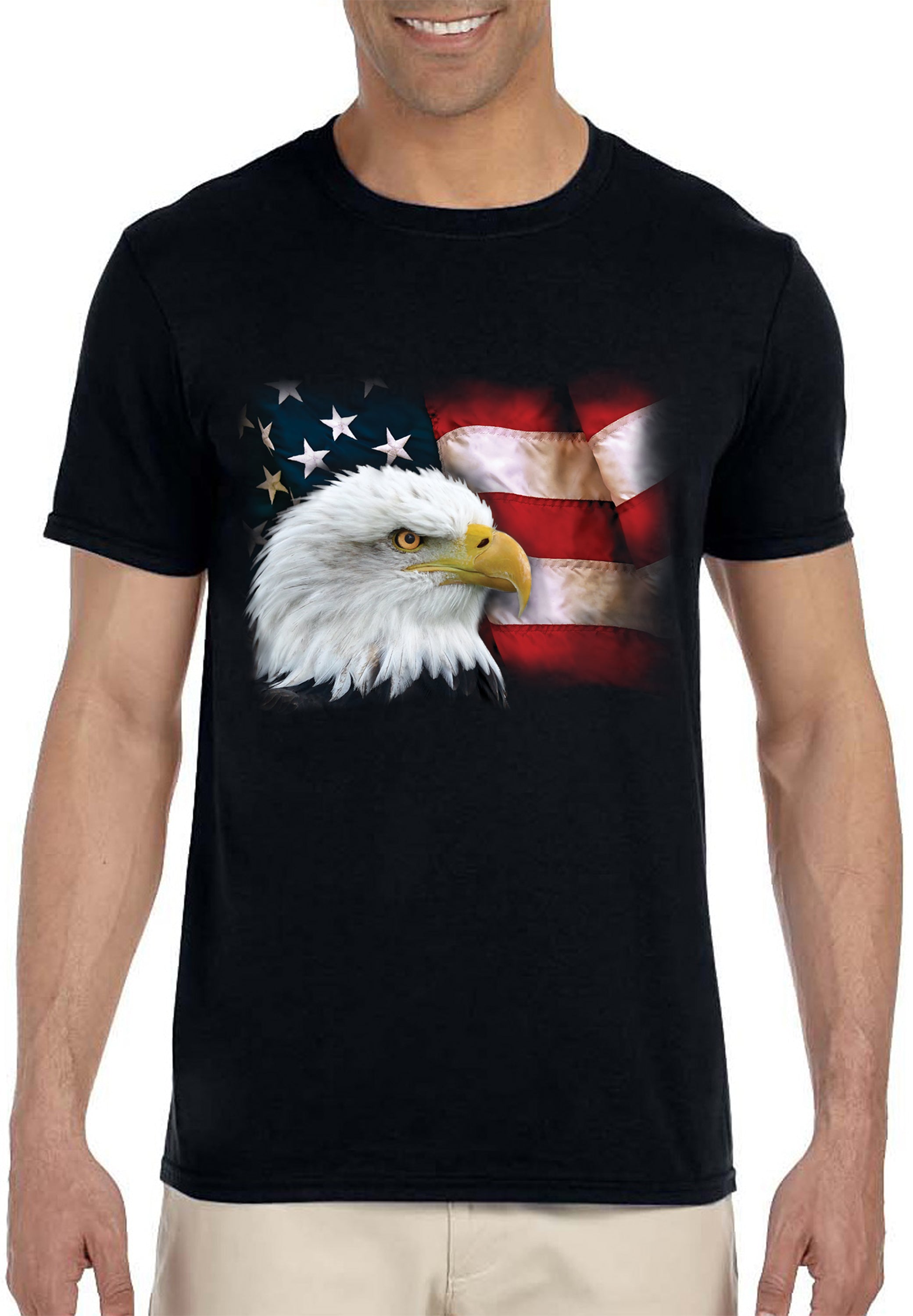 Bald Eagle American Flag Mens 4th of July Adult Short Sleeve Black Shirt