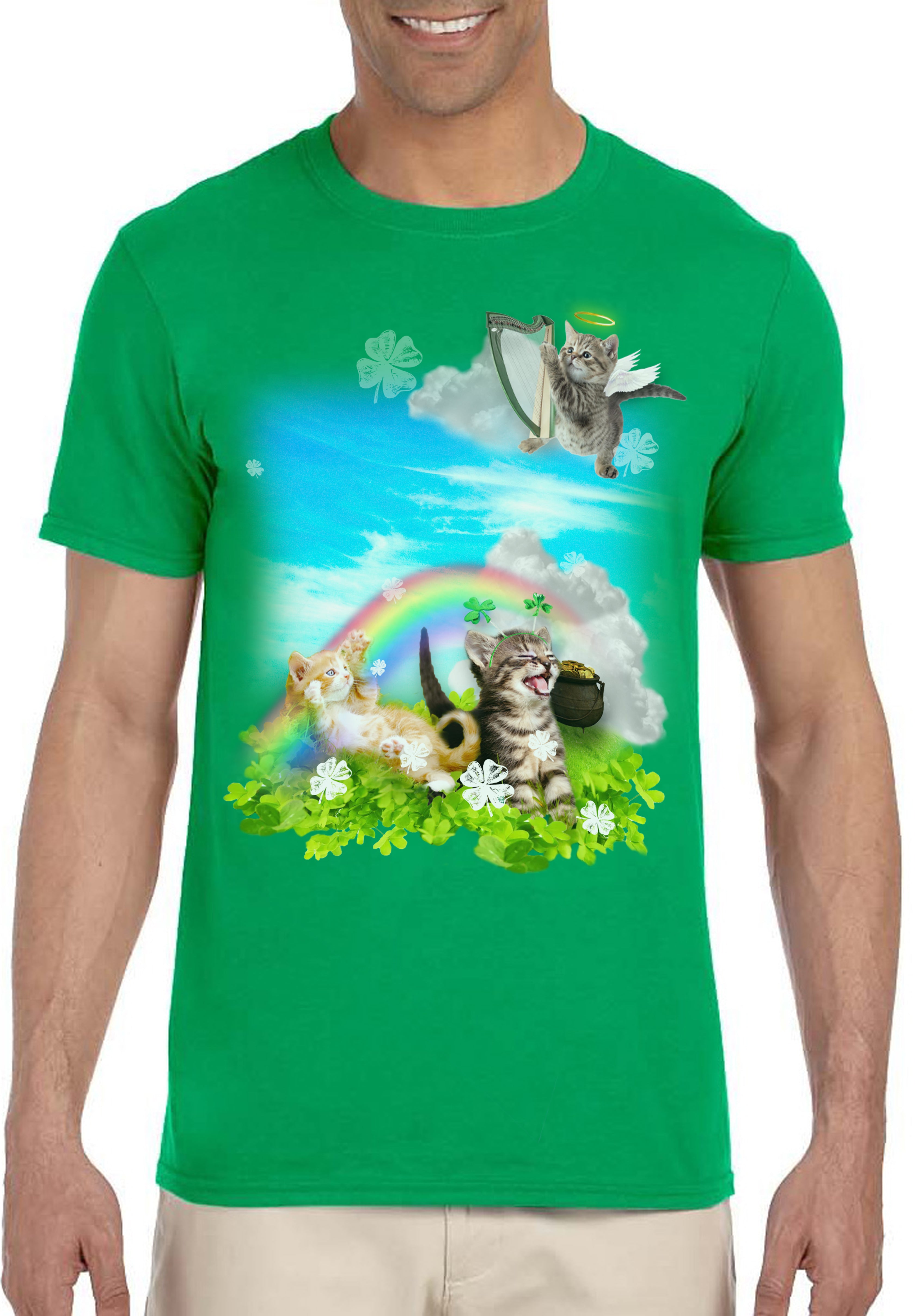 St. Patrick's Day Men's Shirt Green Rainbow Angel Kittens Adult T-Shirt