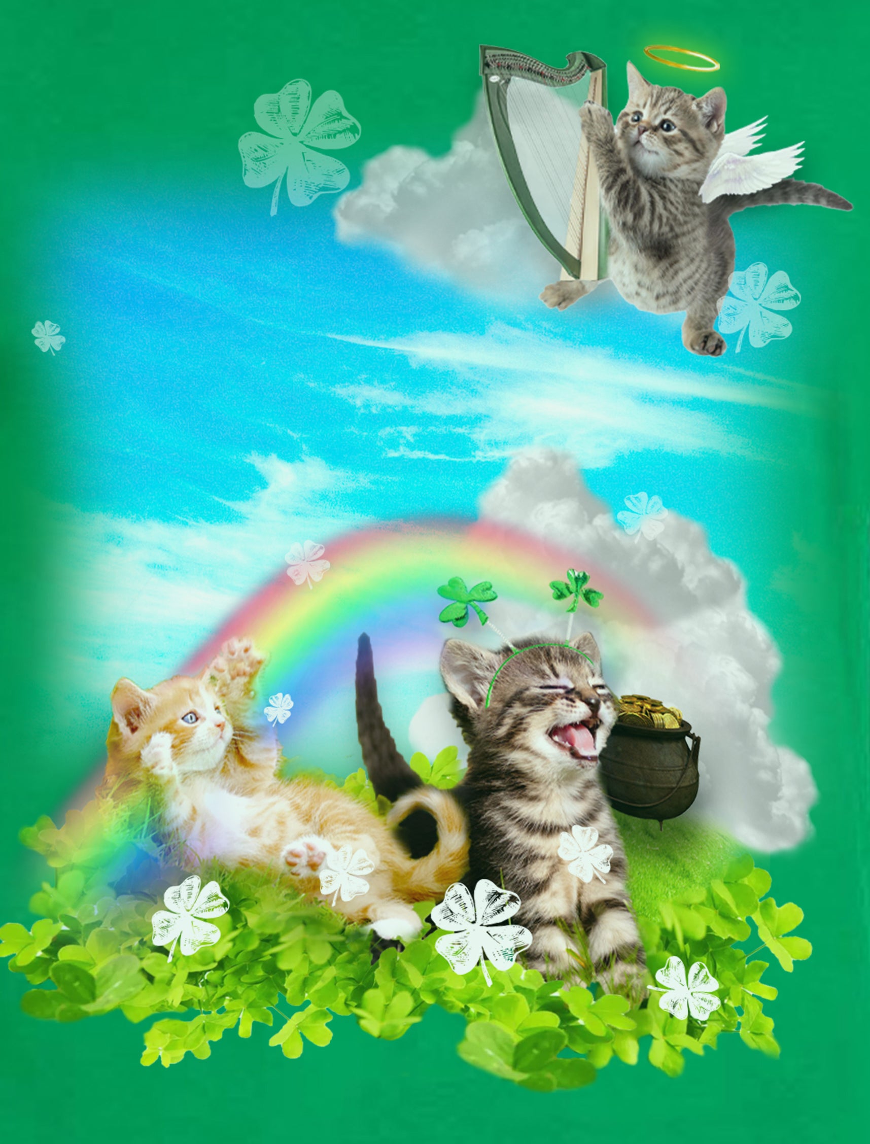St. Patrick's Day Men's Shirt Green Rainbow Angel Kittens Adult T-Shirt