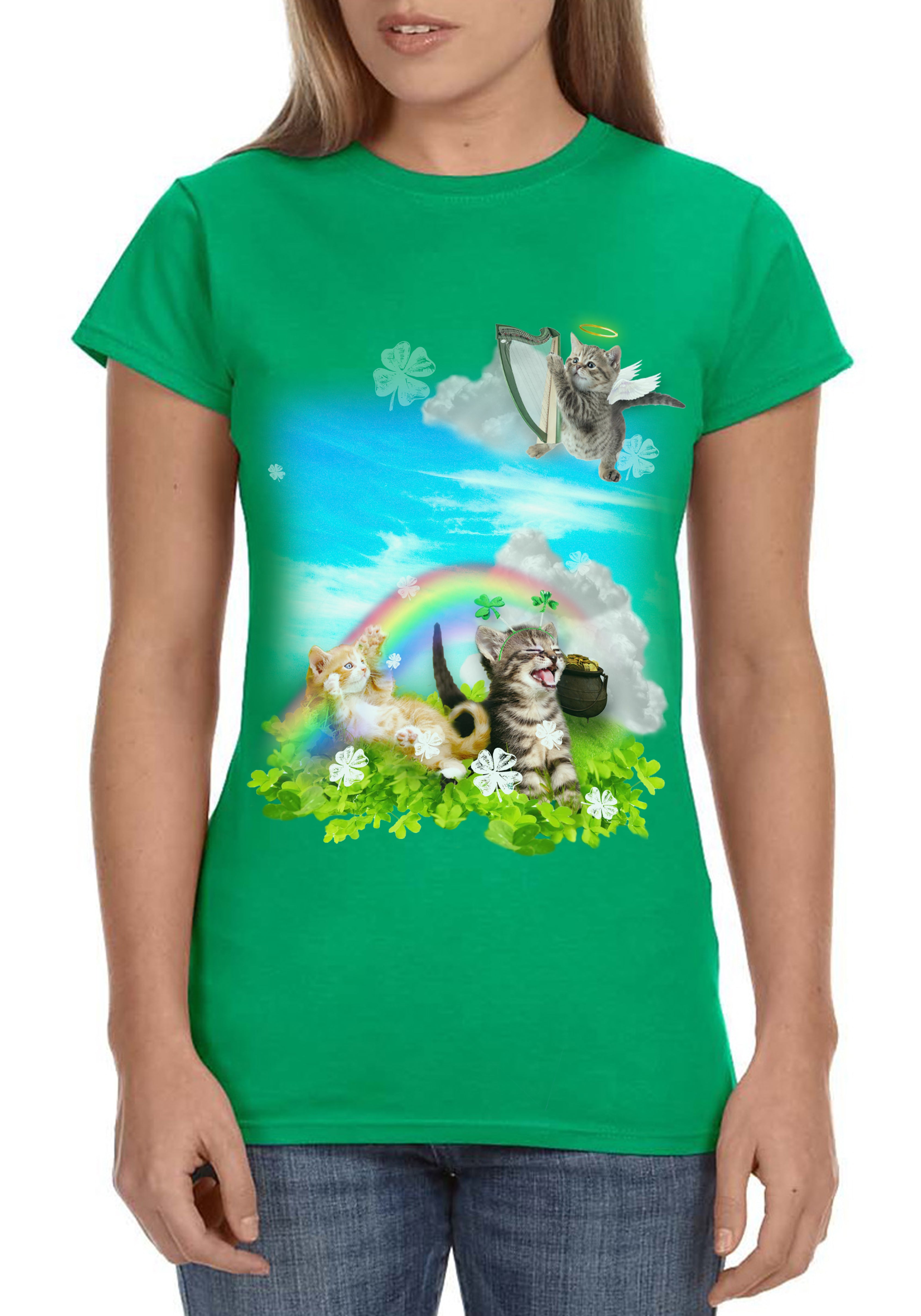 St. Patrick's Day Women's Shirt Green Rainbow Angel Kittens Adult T-Shirt