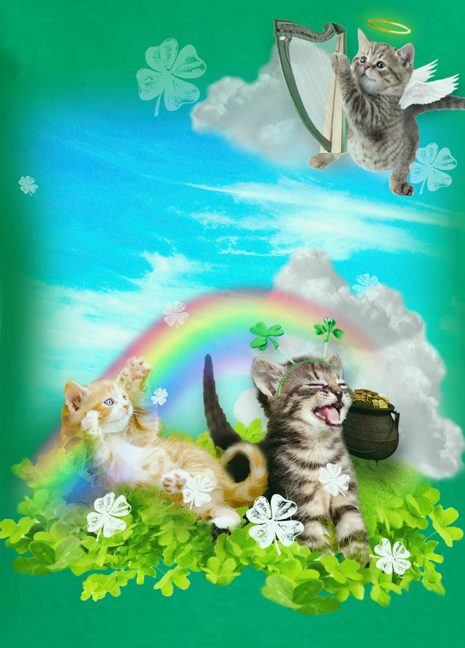 St. Patrick's Day Women's Shirt Green Rainbow Angel Kittens Adult T-Shirt