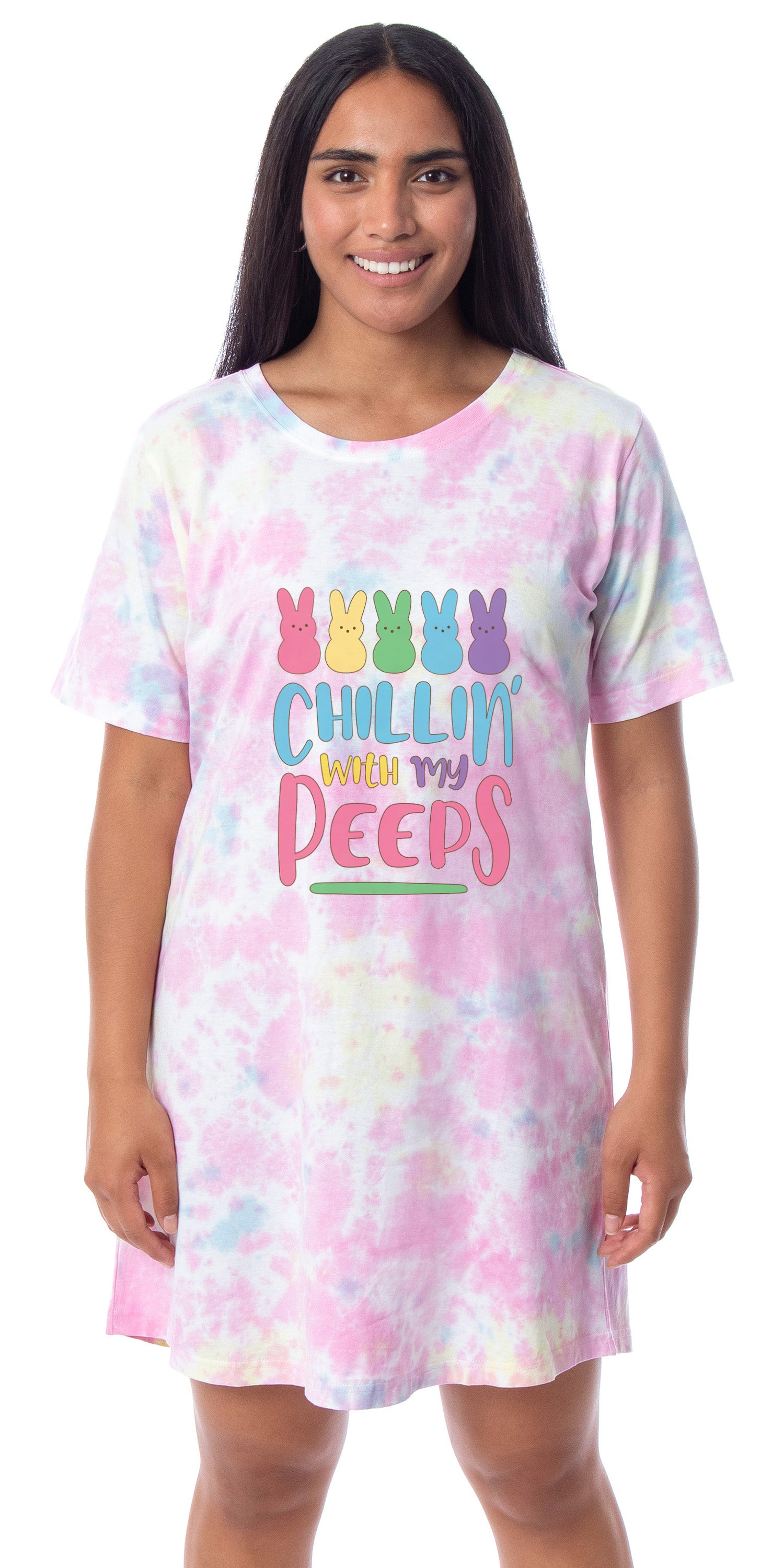 Easter Peeps Marshmallow Candy Women's Chillin' Tie Dye Nightgown Pajama Shirt
