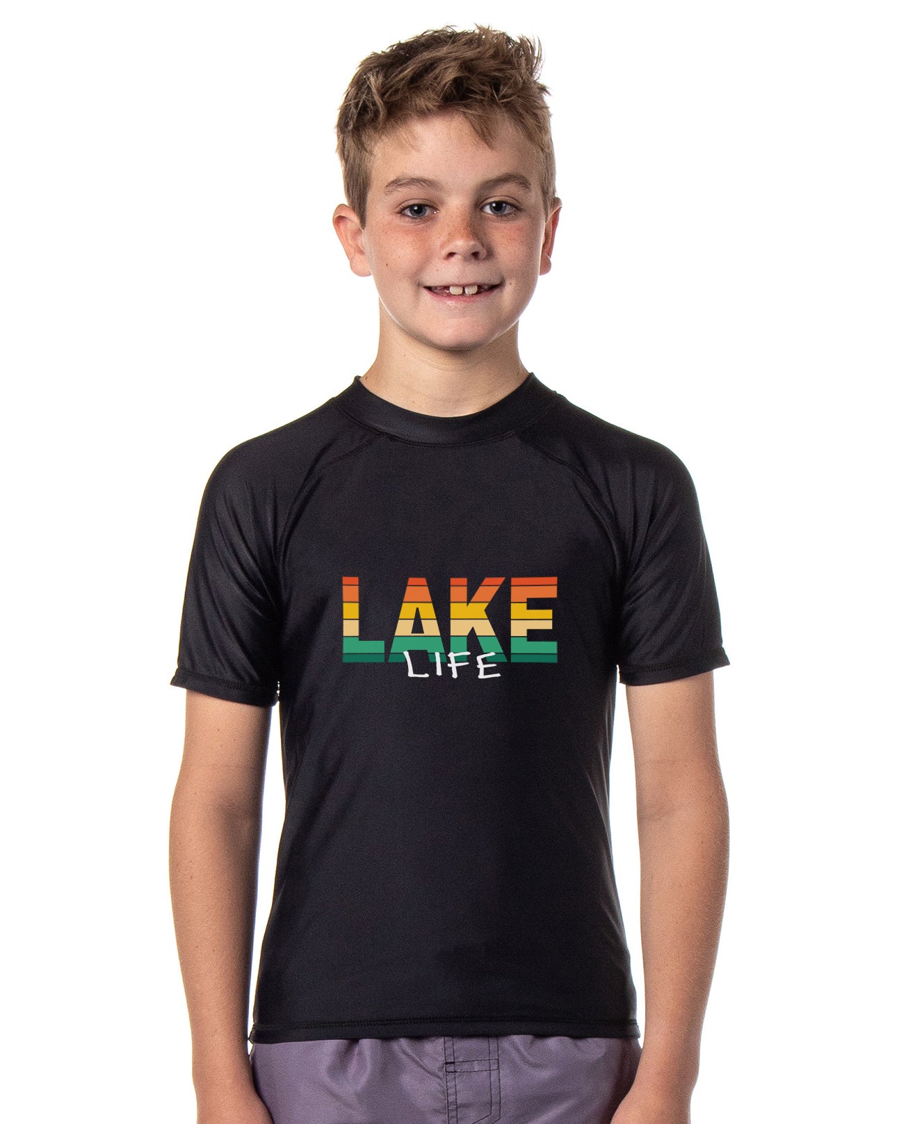 Boys' Lake Life Short-Sleeve Swimsuit Rashguard Top Swim Shirt For Pool Outside