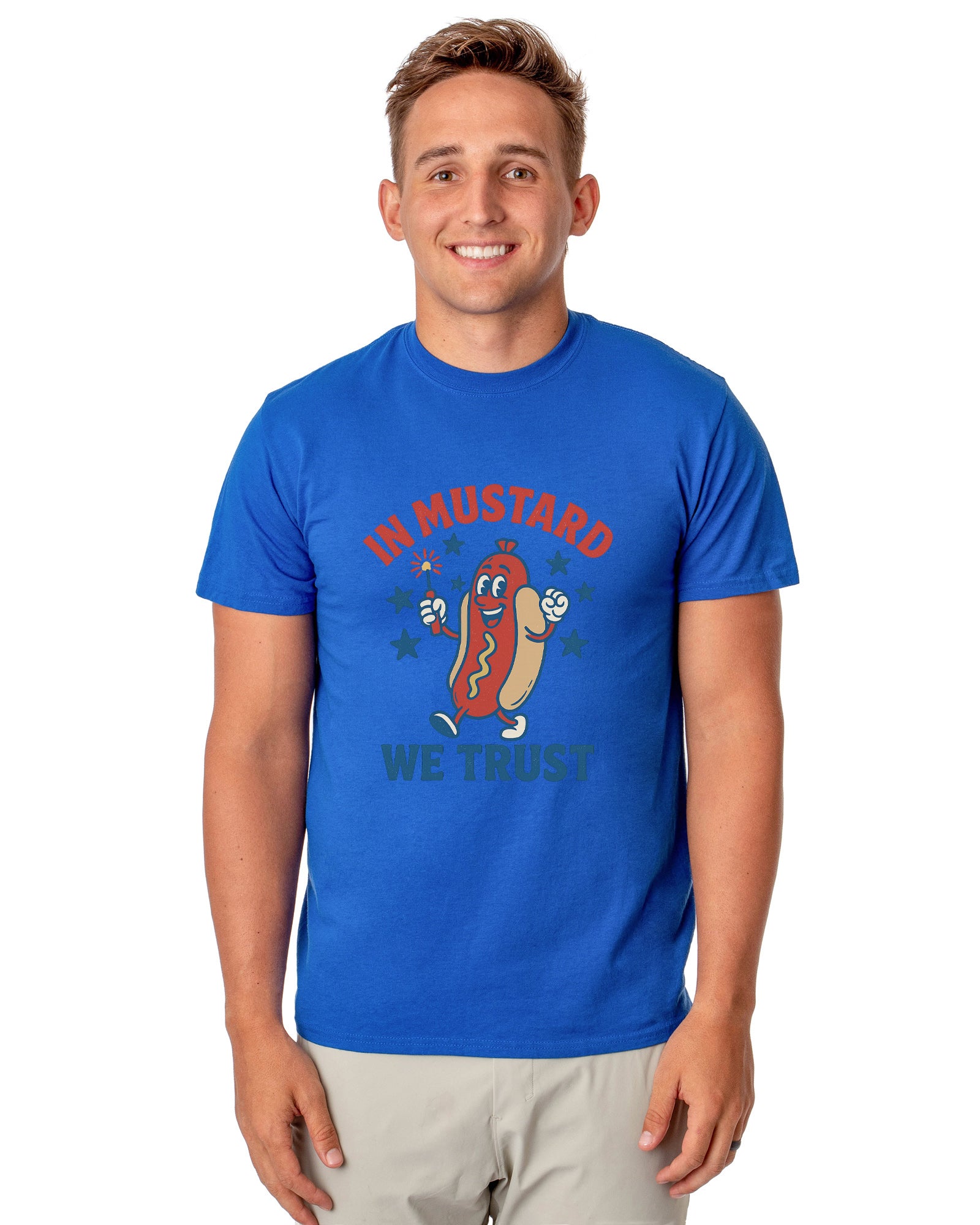 Men's In Mustard We Trust Hot Dog Fireworks Patriotic Funny T-Shirt For Adults