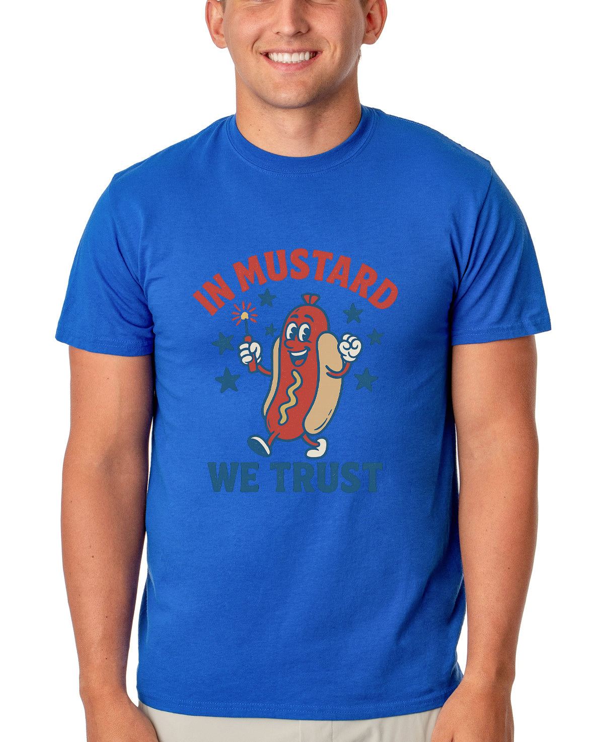 Men's In Mustard We Trust Hot Dog Fireworks Patriotic Funny T-Shirt For Adults