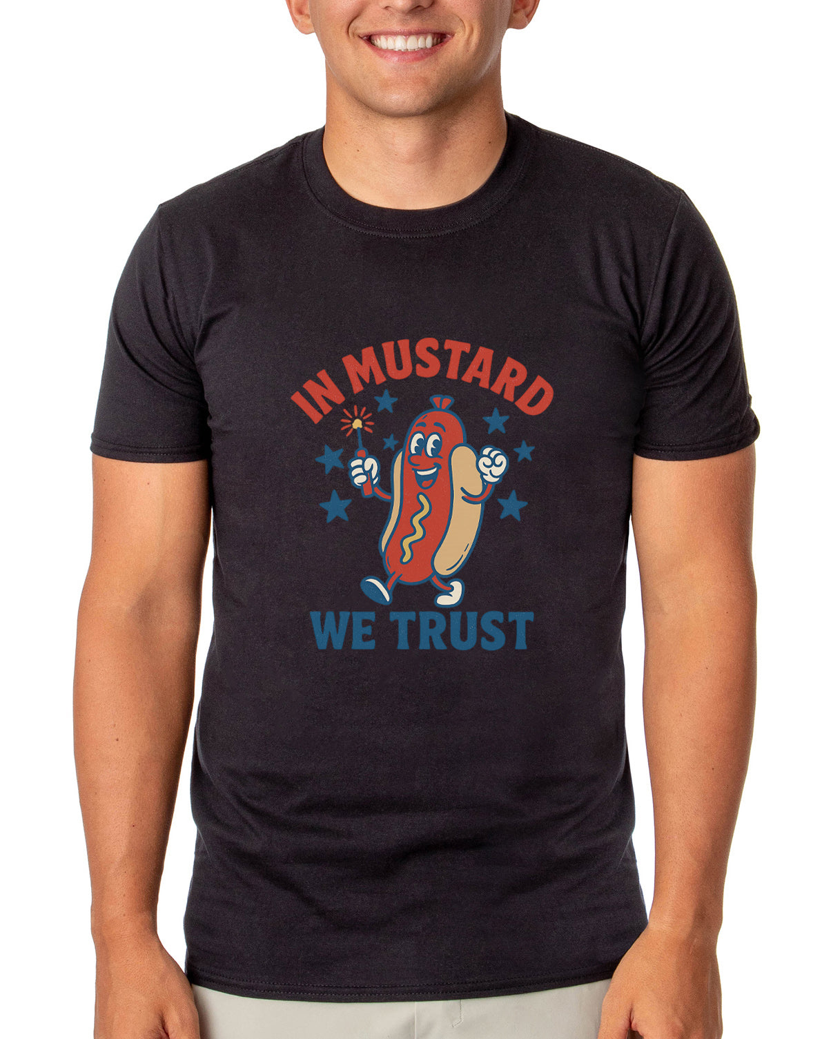 Men's In Mustard We Trust Hot Dog Fireworks Patriotic Funny T-Shirt For Adults