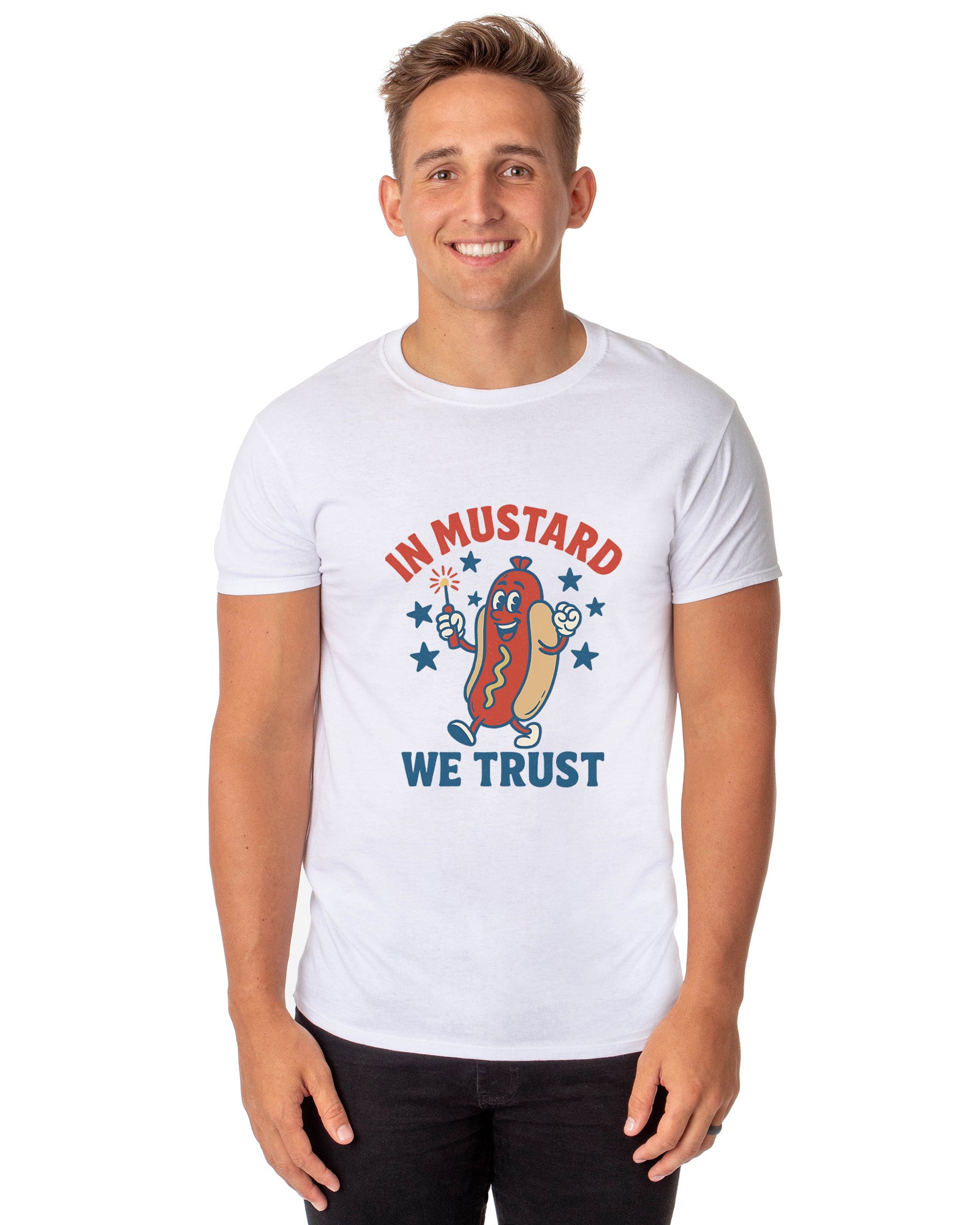 Men's In Mustard We Trust Hot Dog Fireworks Patriotic Funny T-Shirt For Adults