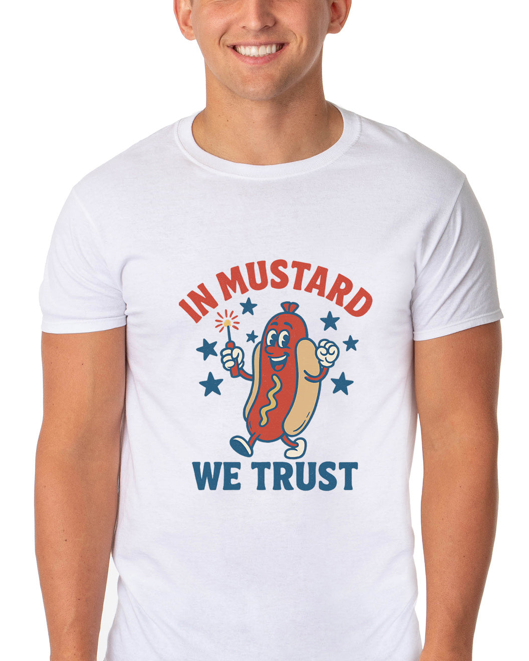 Men's In Mustard We Trust Hot Dog Fireworks Patriotic Funny T-Shirt For Adults