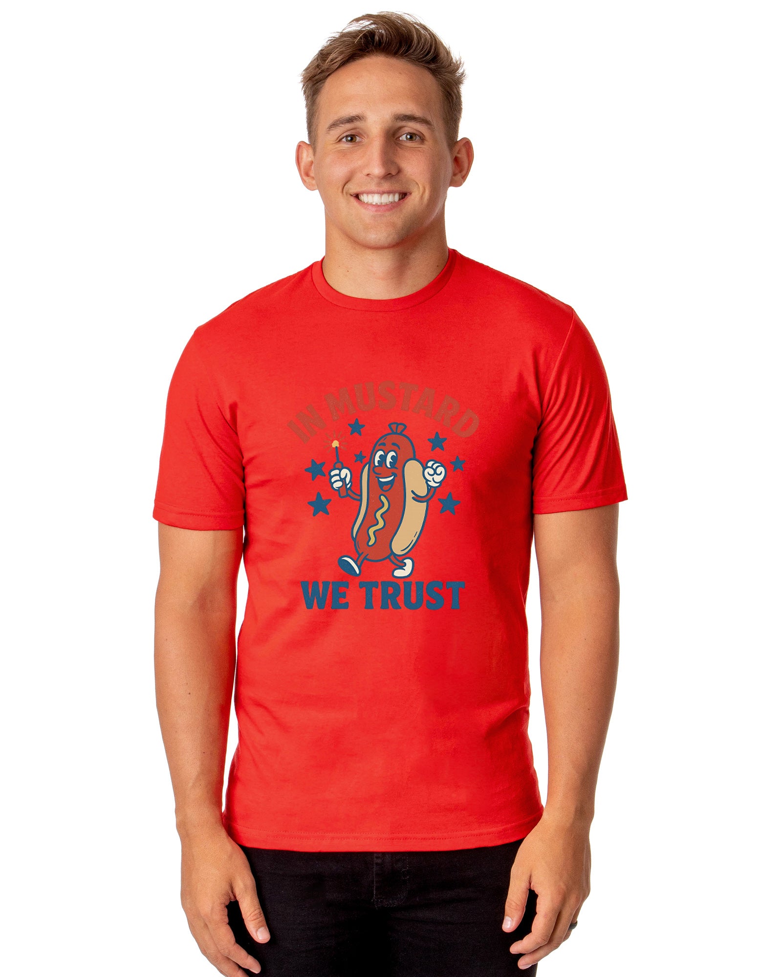 Men's In Mustard We Trust Hot Dog Fireworks Patriotic Funny T-Shirt For Adults
