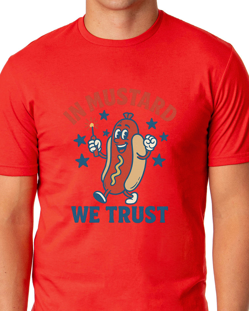 Men's In Mustard We Trust Hot Dog Fireworks Patriotic Funny T-Shirt For Adults
