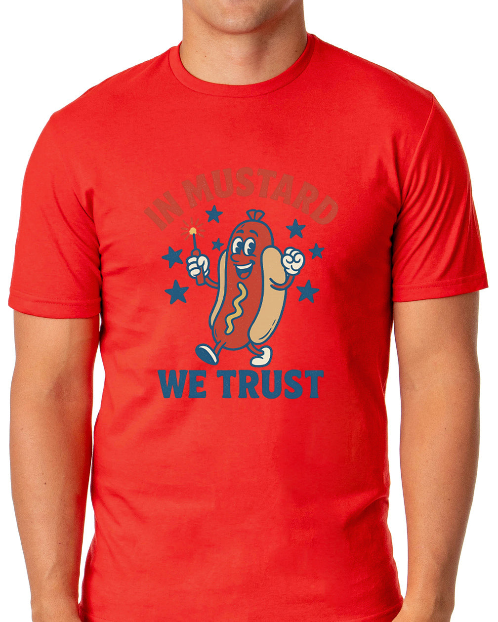 Men's In Mustard We Trust Hot Dog Fireworks Patriotic Funny T-Shirt For Adults
