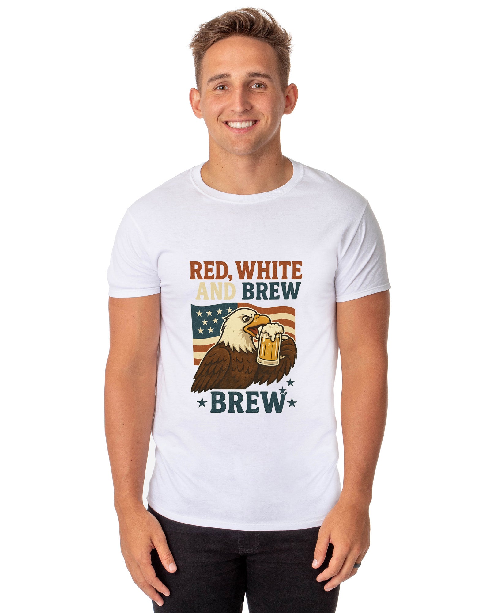Men's Red White and Brew 4th of July America Adult T-Shirt