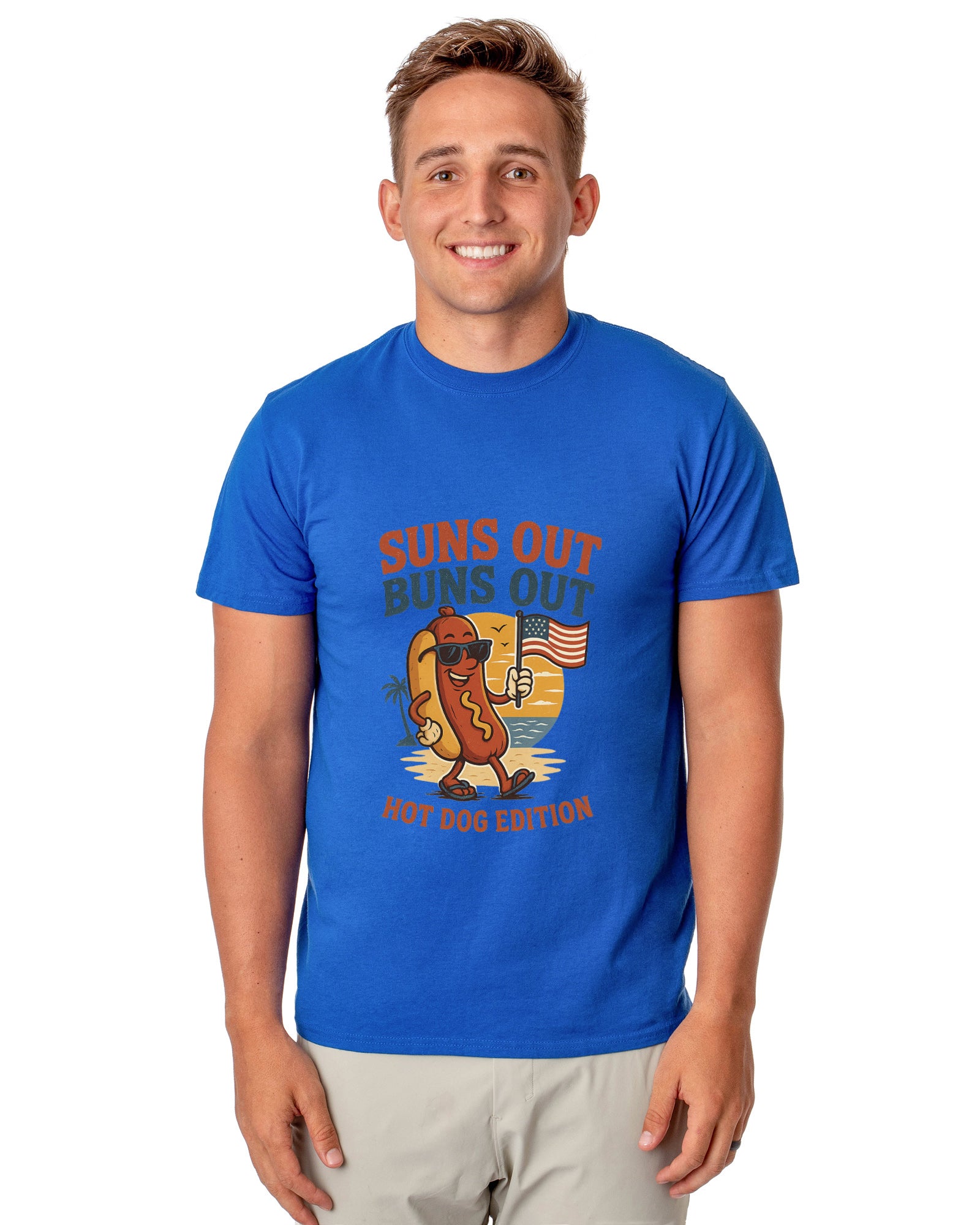 Men's Suns Out Buns Out Hot Dog American Flag Patriotic Funny T-Shirt For Adults