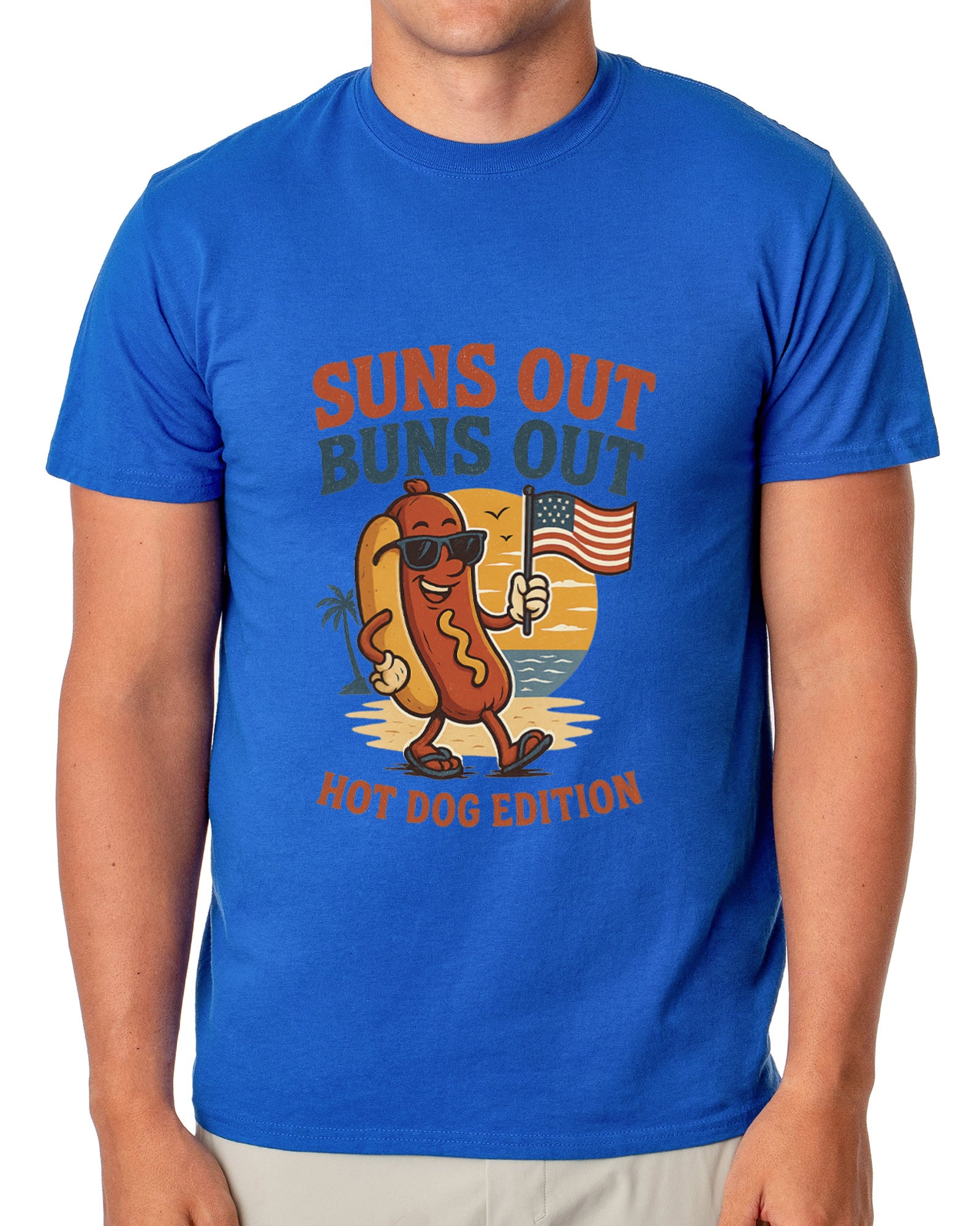 Men's Suns Out Buns Out Hot Dog American Flag Patriotic Funny T-Shirt For Adults