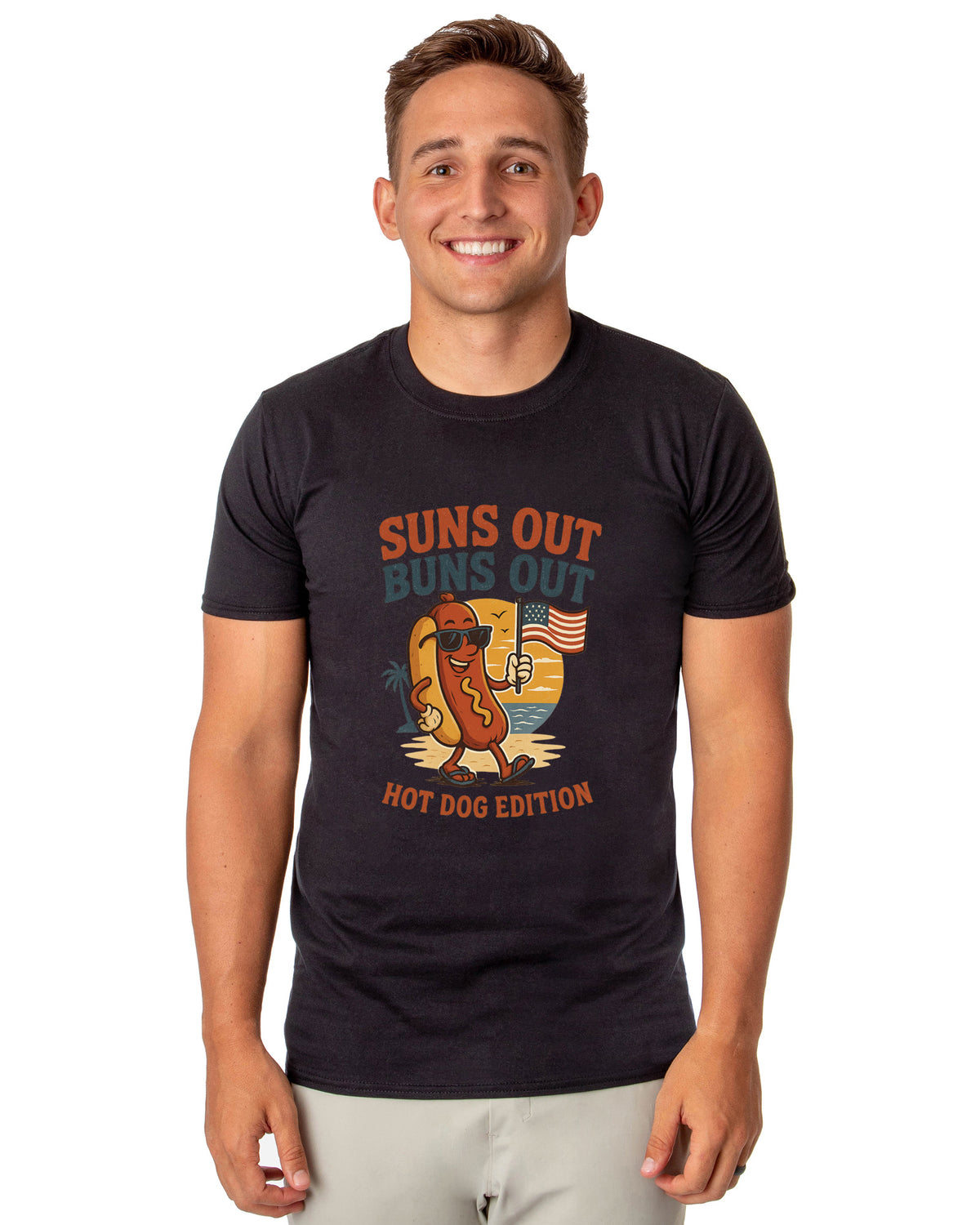 Men's Suns Out Buns Out Hot Dog American Flag Patriotic Funny T-Shirt For Adults