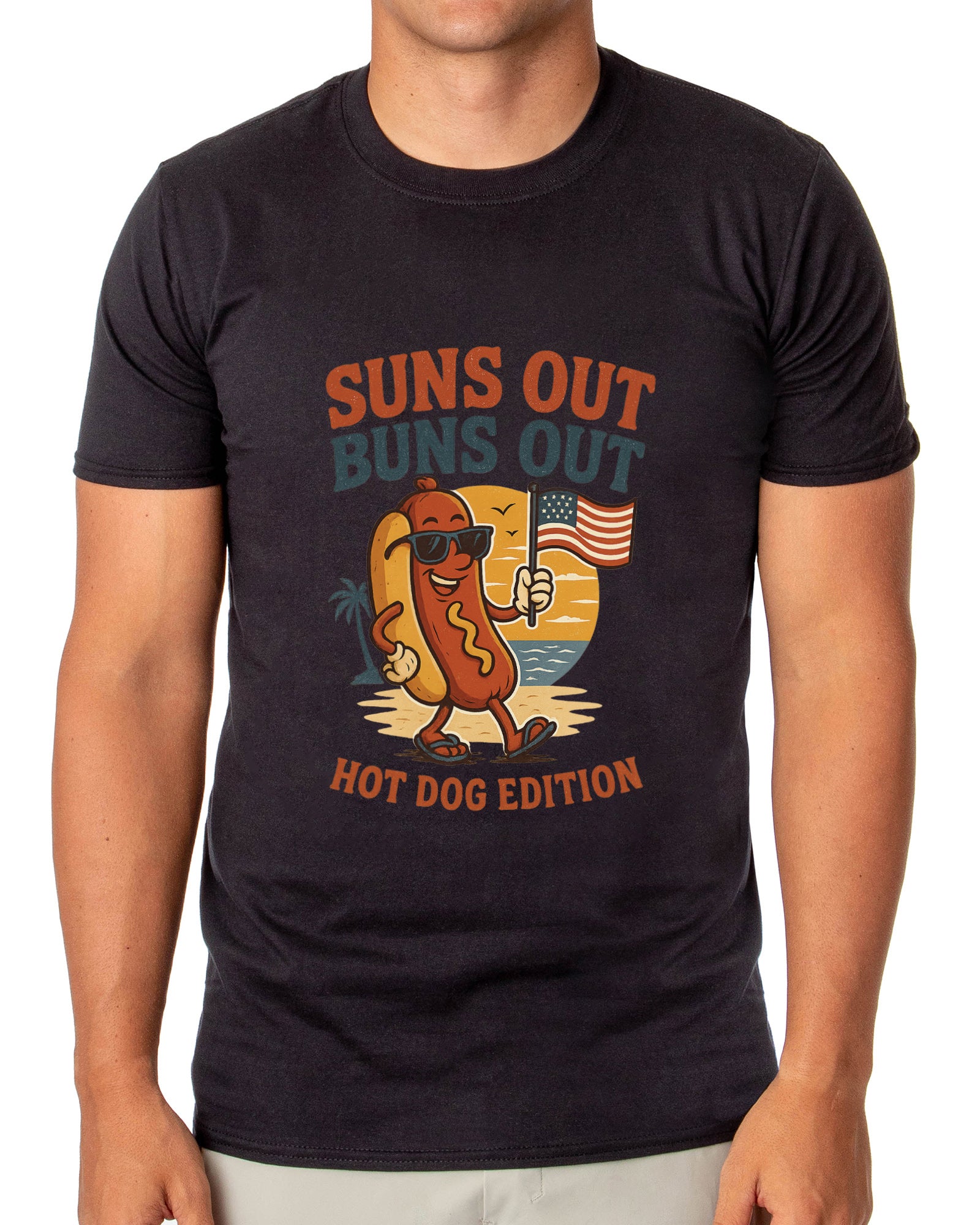 Men's Suns Out Buns Out Hot Dog American Flag Patriotic Funny T-Shirt For Adults
