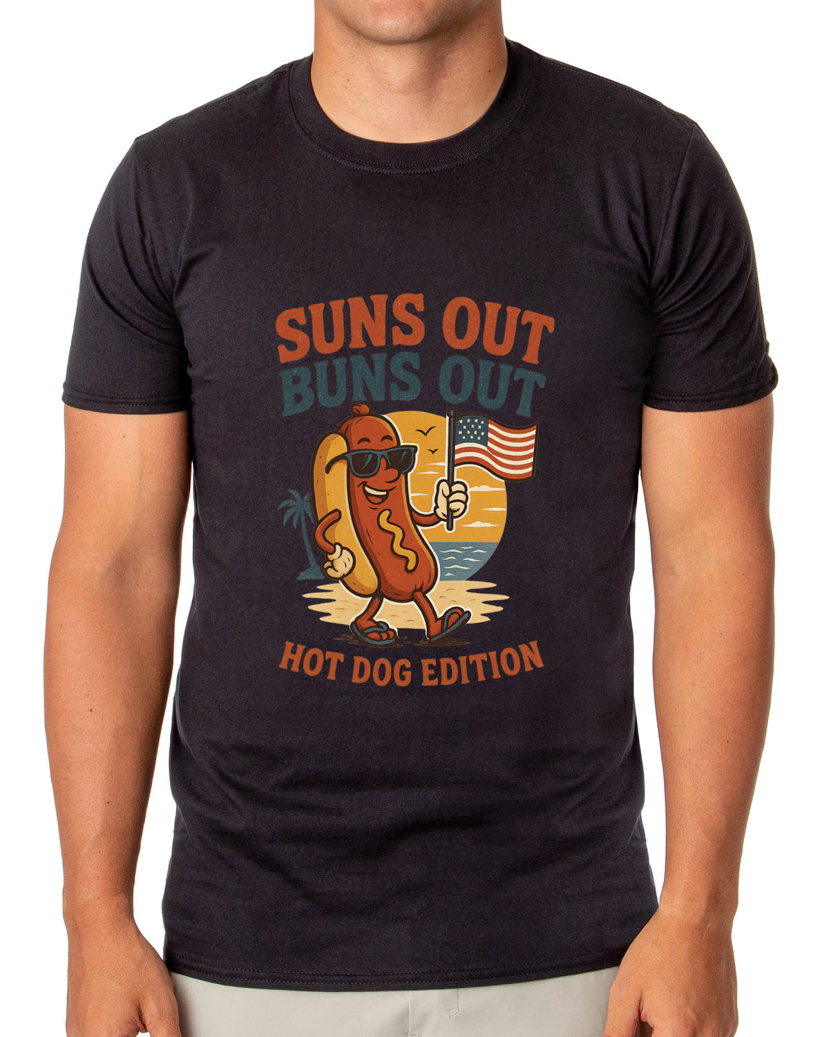 Men's Suns Out Buns Out Hot Dog American Flag Patriotic Funny T-Shirt For Adults