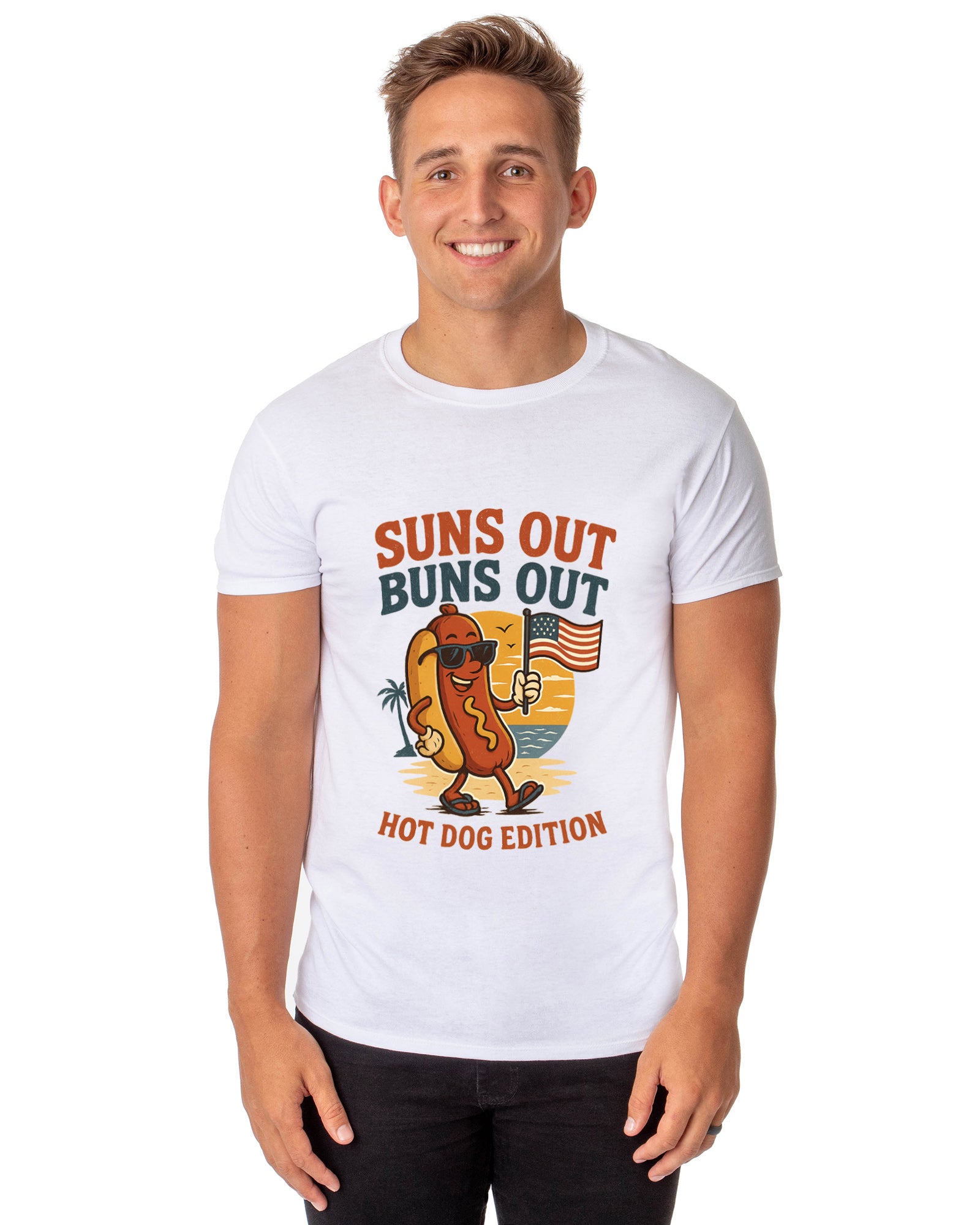 Men's Suns Out Buns Out Hot Dog American Flag Patriotic Funny T-Shirt For Adults