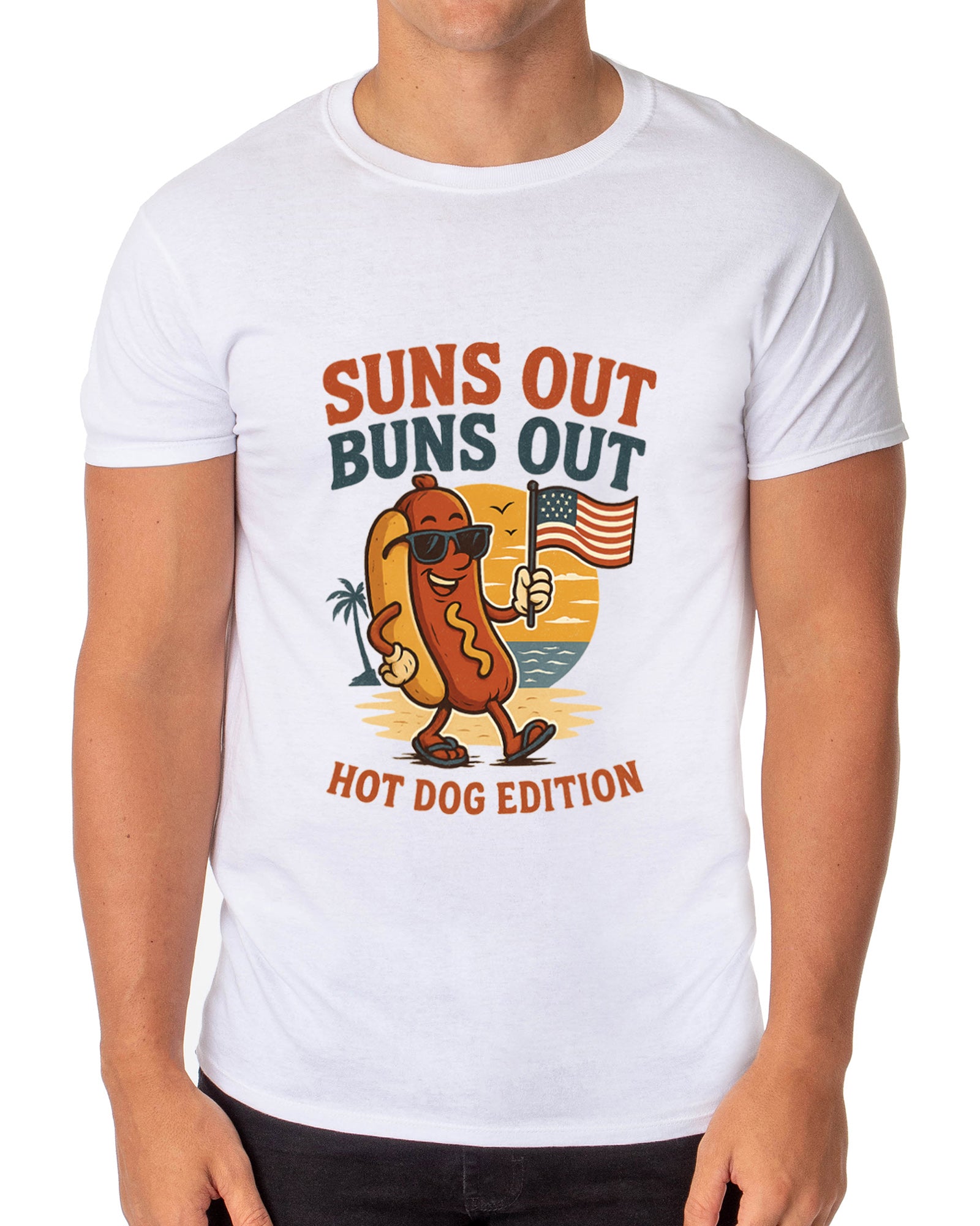 Men's Suns Out Buns Out Hot Dog American Flag Patriotic Funny T-Shirt For Adults
