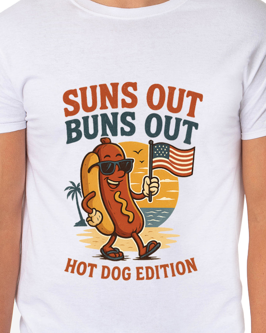 Men's Suns Out Buns Out Hot Dog American Flag Patriotic Funny T-Shirt For Adults