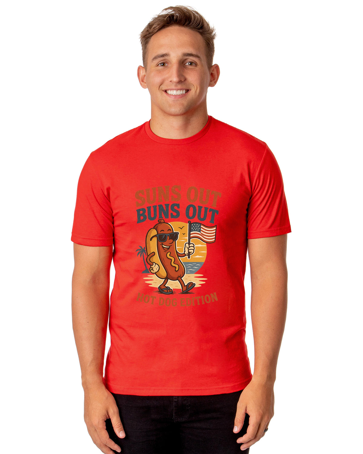 Men's Suns Out Buns Out Hot Dog American Flag Patriotic Funny T-Shirt For Adults