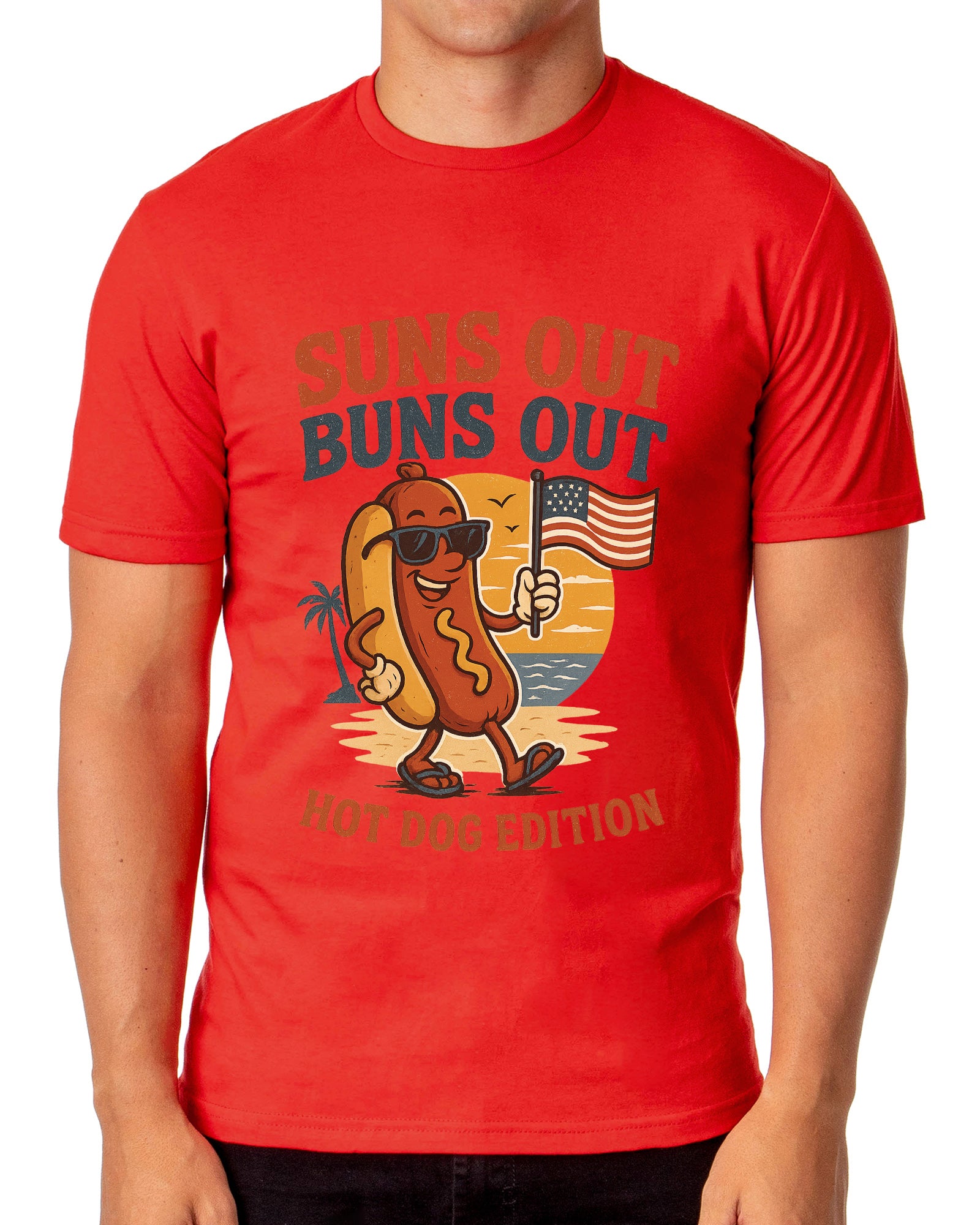 Men's Suns Out Buns Out Hot Dog American Flag Patriotic Funny T-Shirt For Adults