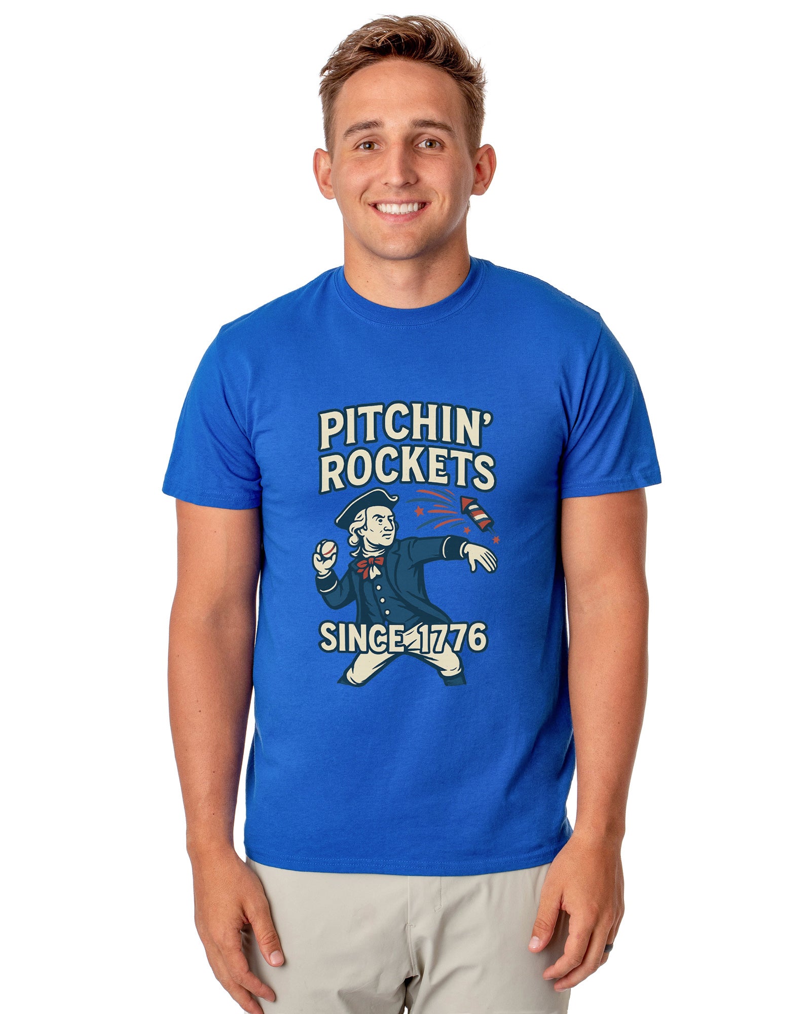 Patriotic T-Shirt Men's George Washington Pitchin' Rockets Since 1776 Adult USA Tee