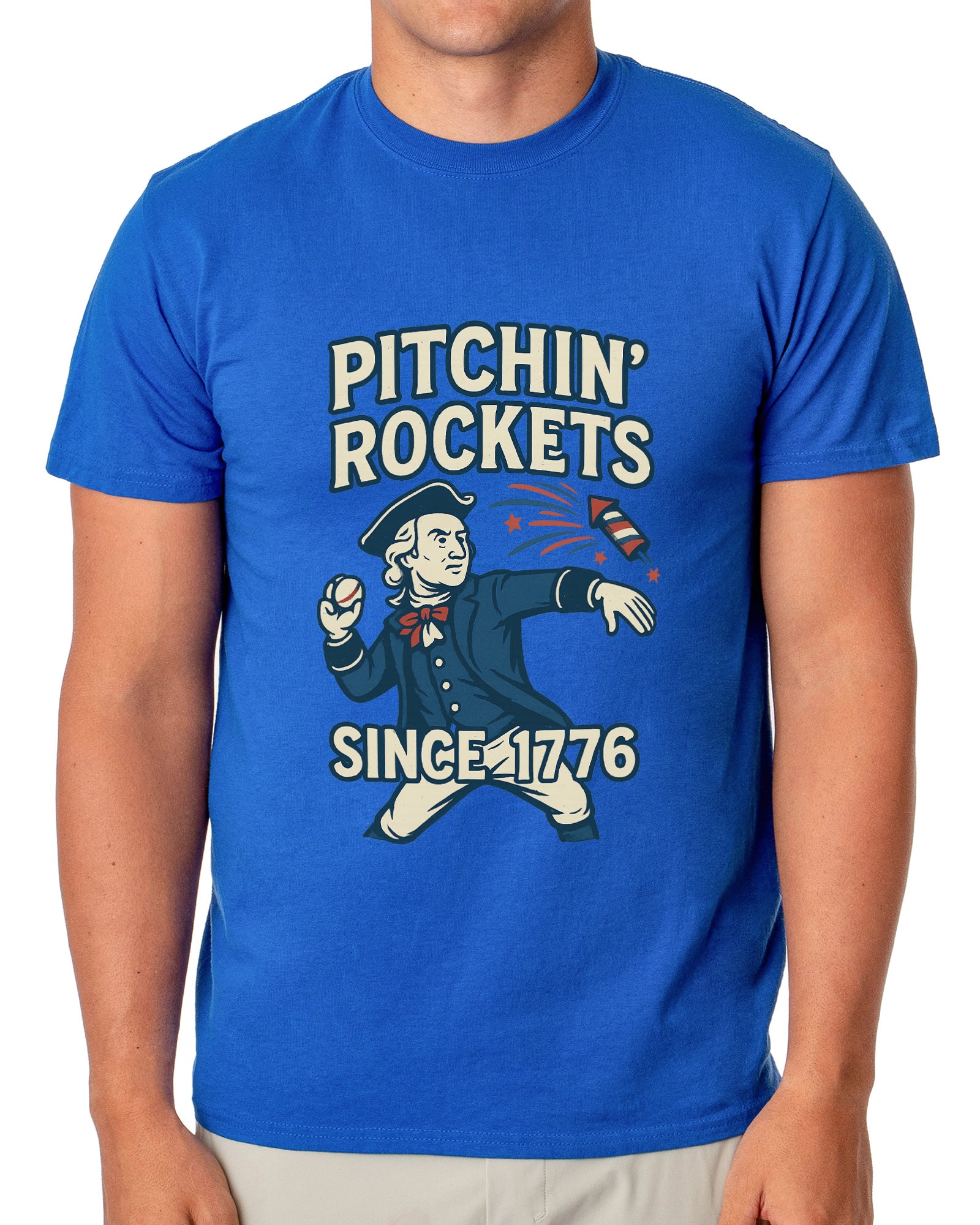 Patriotic T-Shirt Men's George Washington Pitchin' Rockets Since 1776 Adult USA Tee